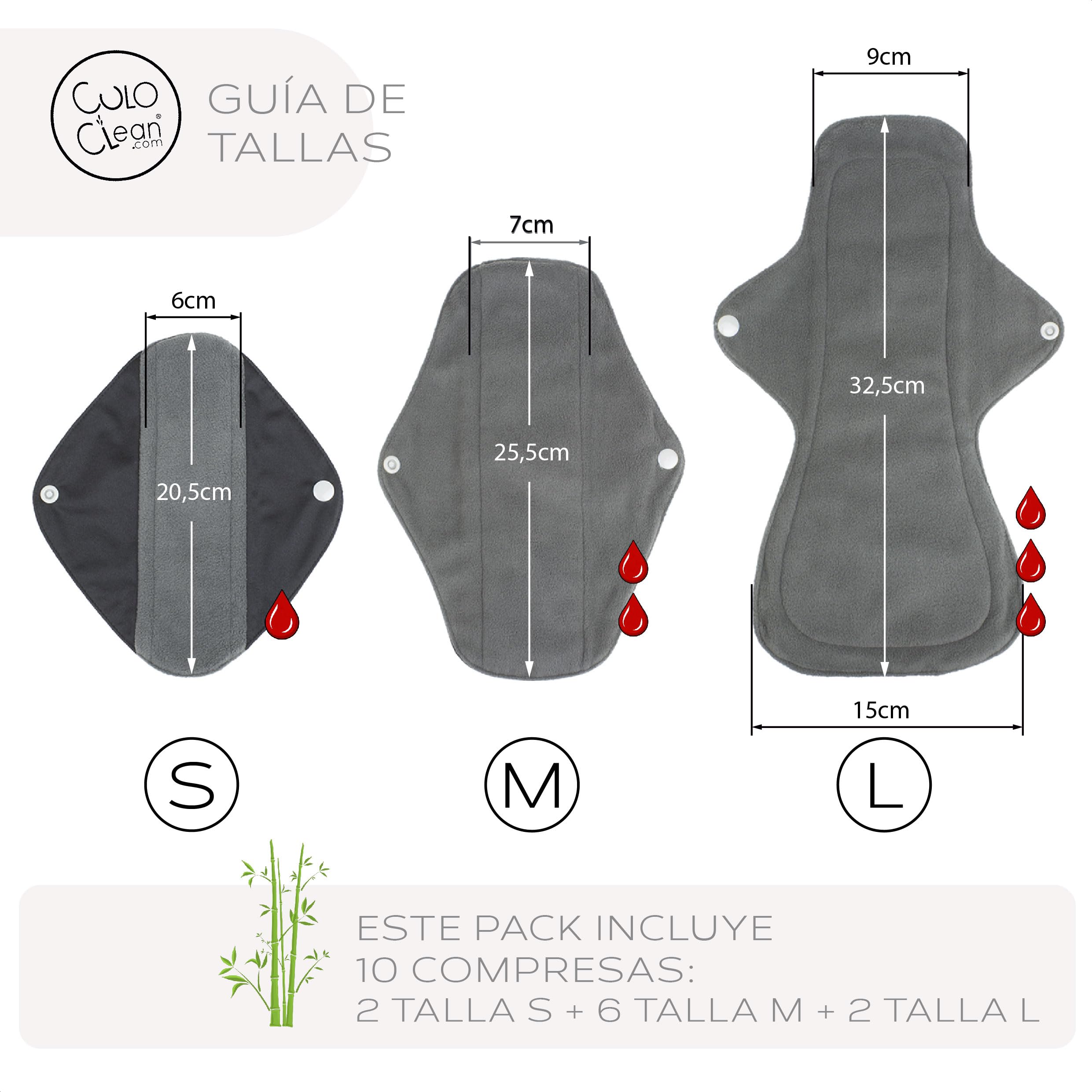 CuloClean 10pcs (2S+6M+2L) Compresas Menstruales y Postparto Reutilizables de fibra de bambú. Pack ecológico, de tela transpirable e impermeable + bolsa + bidet portátil