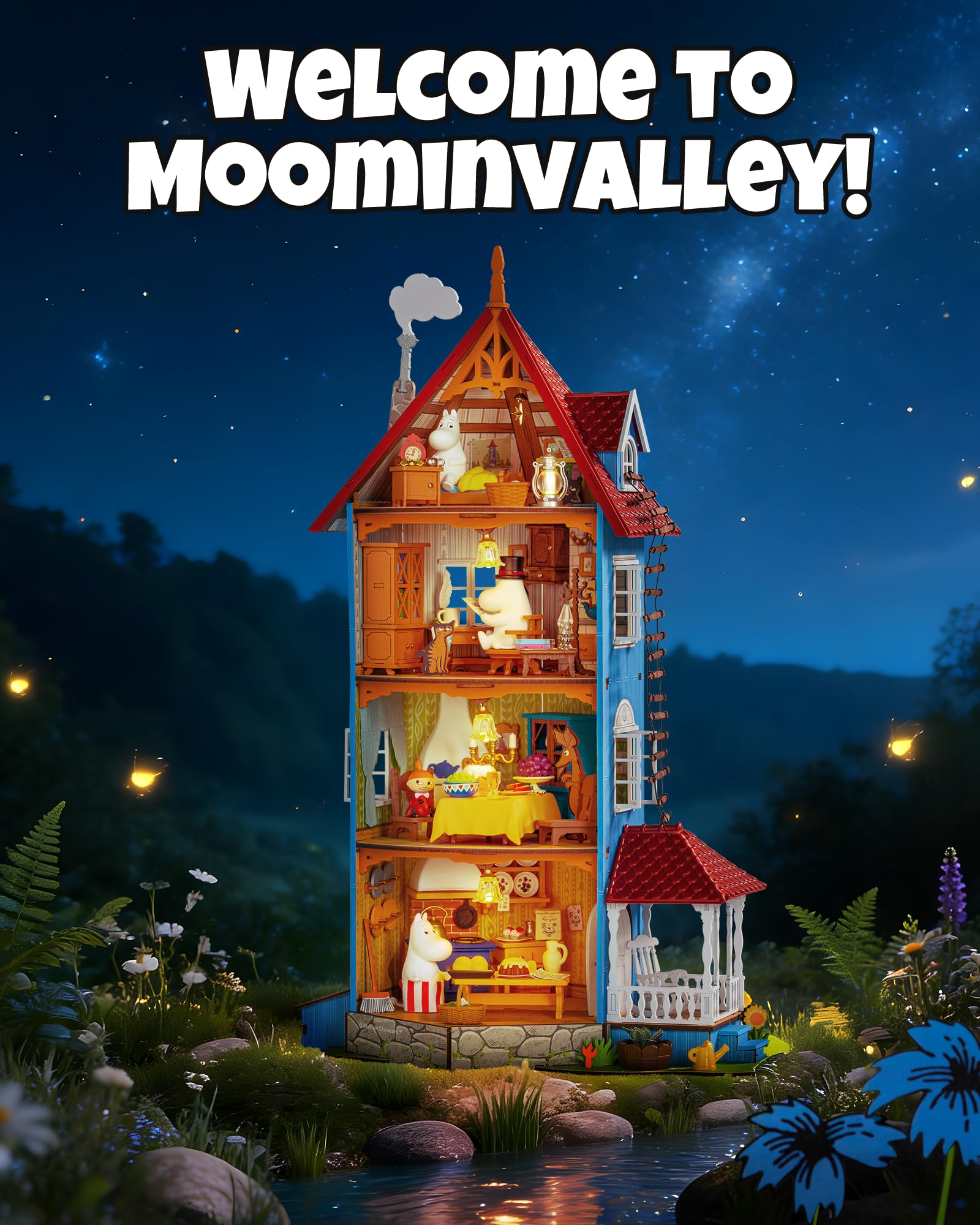 Rolife Muminhaus Miniaturhaus Bausatz, Mumintal Puppenhaus mit LED Beleuchtung, Kreatives Geschenk für Weihnachten und Geburtstag, 7 Stunden