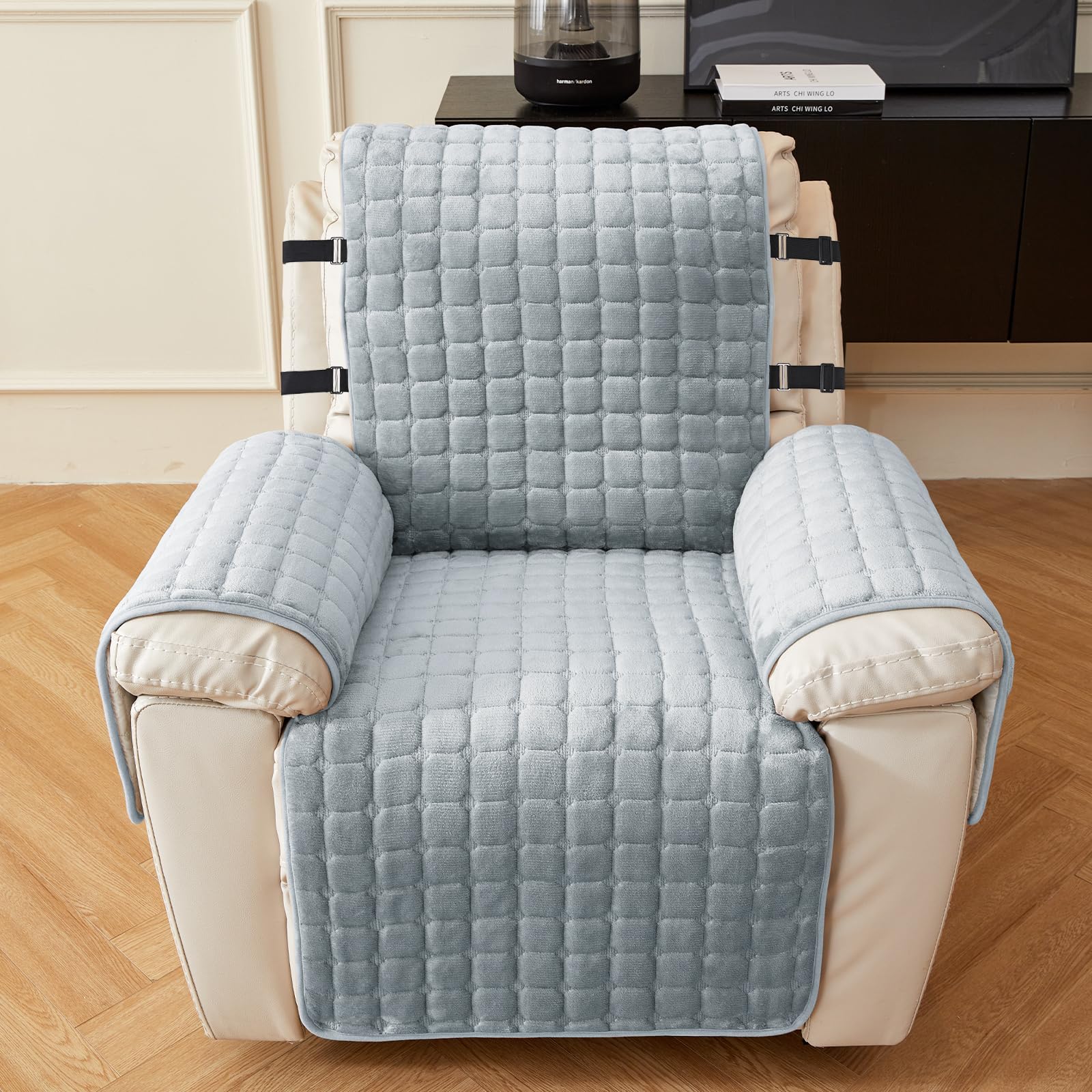RAPRAP Stoelbeschermer voor relaxstoel met armleuningen, 100% waterdicht, 1-zits antislip armleuningbeschermer met zakken en 2 verstelbare riemen, grijs, L