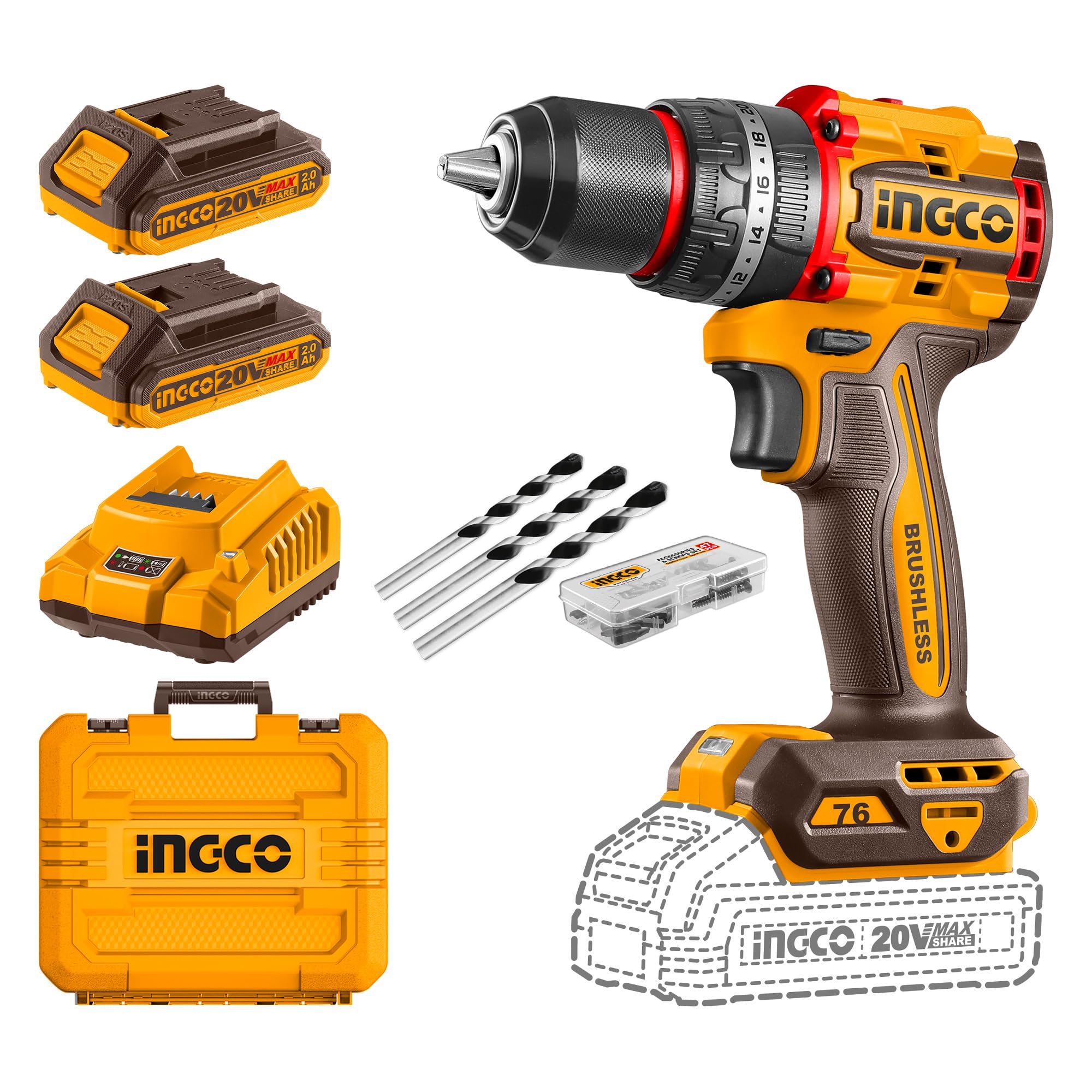 INGCO Compact Brushless Cordless Impact Drill, Brushless Motor, Maximum Torque: 76NM-image-5