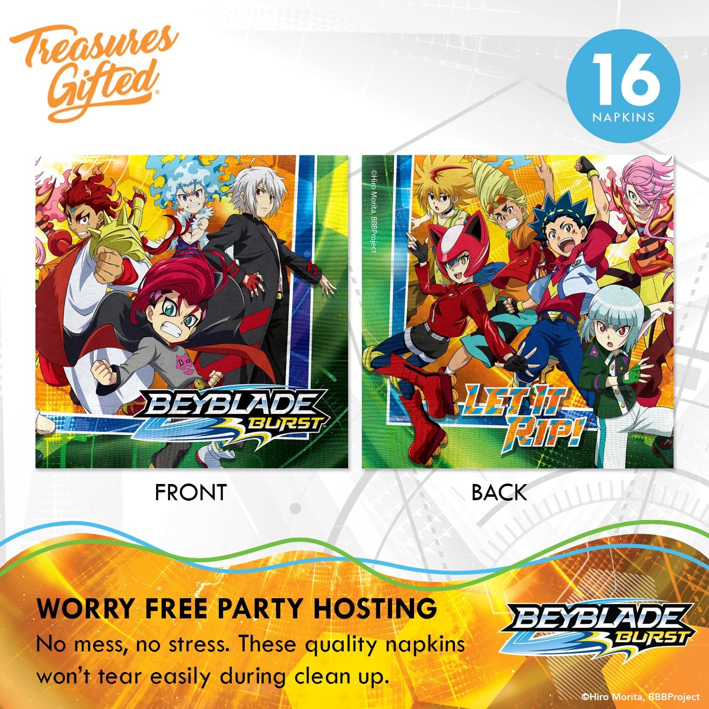 Treasures Gifted Officially Licensed BEYBLADE BURST Birthday Decorations - Serves 16 Guests Ultimate Set BEYBLADE Party Supplies - Tablecloth, Plates, Banner & More
