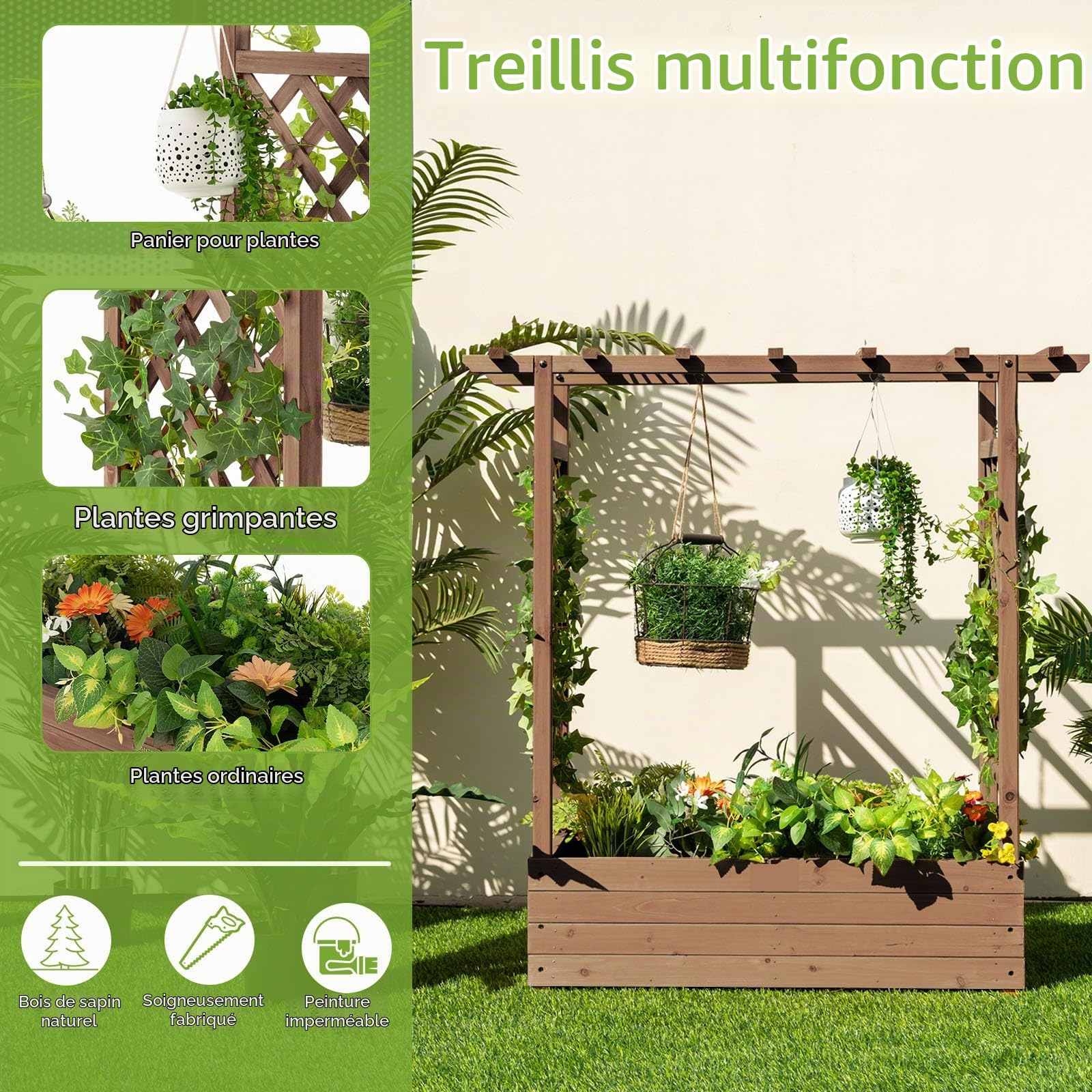 HOMASIS Support pour Plantes d'extérieur, jardinière avec Grille, étagère en Bois pour Plantes, Grand Support pour Plantes grimpantes, jardinière surélevée avec Drainage, pour Jardin, Balcon (Brun)