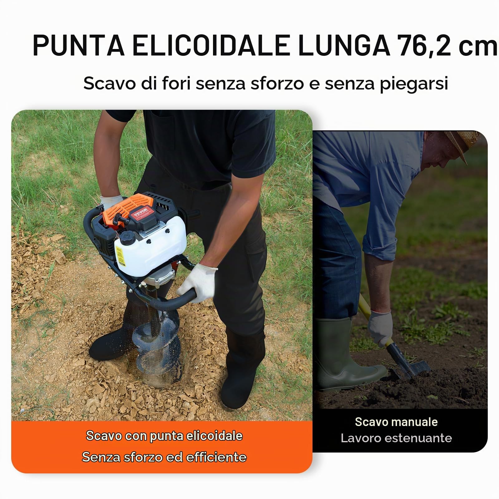 VEVOR Trivella per Pali a Gas 52 CC 1450 W Trivella per Terra, Trivella a Gas con Punte 200 mm 1 Asta di Prolunga, Trivella per Pali di Recinzione per Piante da Giardino, Piantagione, Arancione e Nero