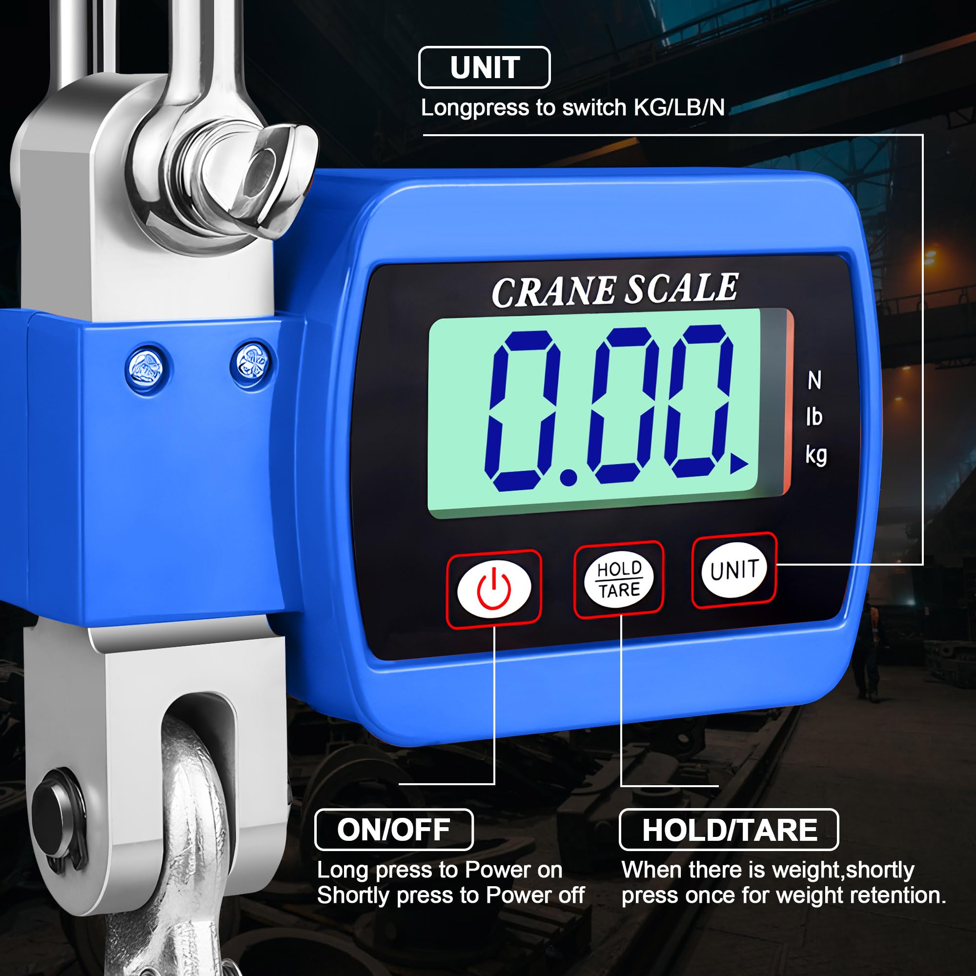 Báscula de grúa 500 kg, báscula colgante digital, báscula electrónica industrial, báscula colgante portátil, LCD, con gancho, azul