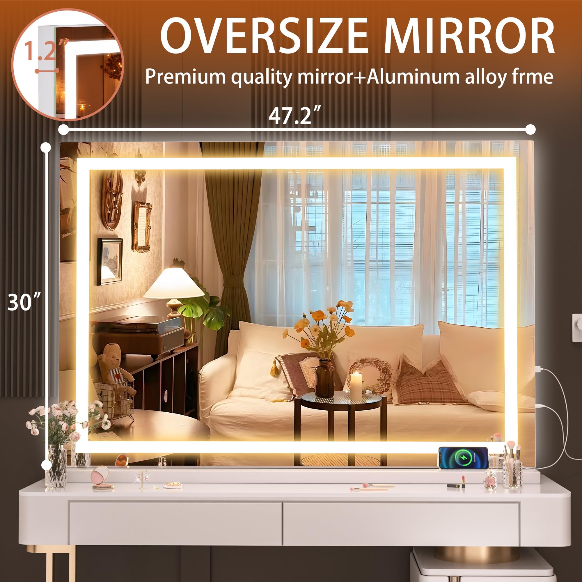 Hasipu Specchio cosmetico con illuminazione, 120 x 75 cm, specchio da trucco a LED, con 3 modalità dimmerabili, controllo touchscreen, specchio cosmetico, quadrato, bianco