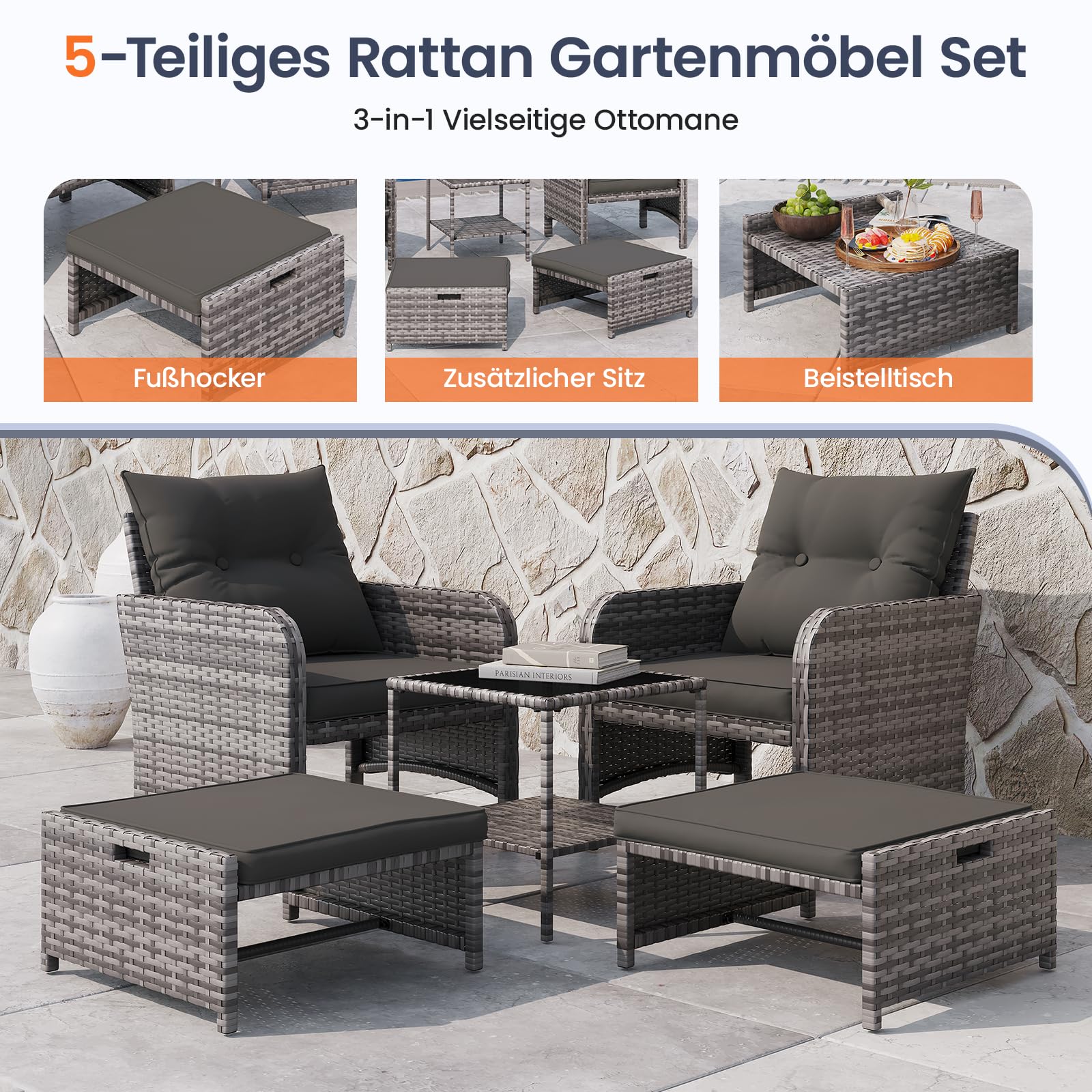 UDPATIO 5-TLG. Rattan Gartenmöbel Set, Balkonmöbel für Kleinen Balkon, inkl. 2 Gepolsterte Sessel, 2 Hocker, 2-stöckiger Kaffeetisch, Wetterfeste Terrassenmöbel für Garten, Terrasse (Grau-meliert)