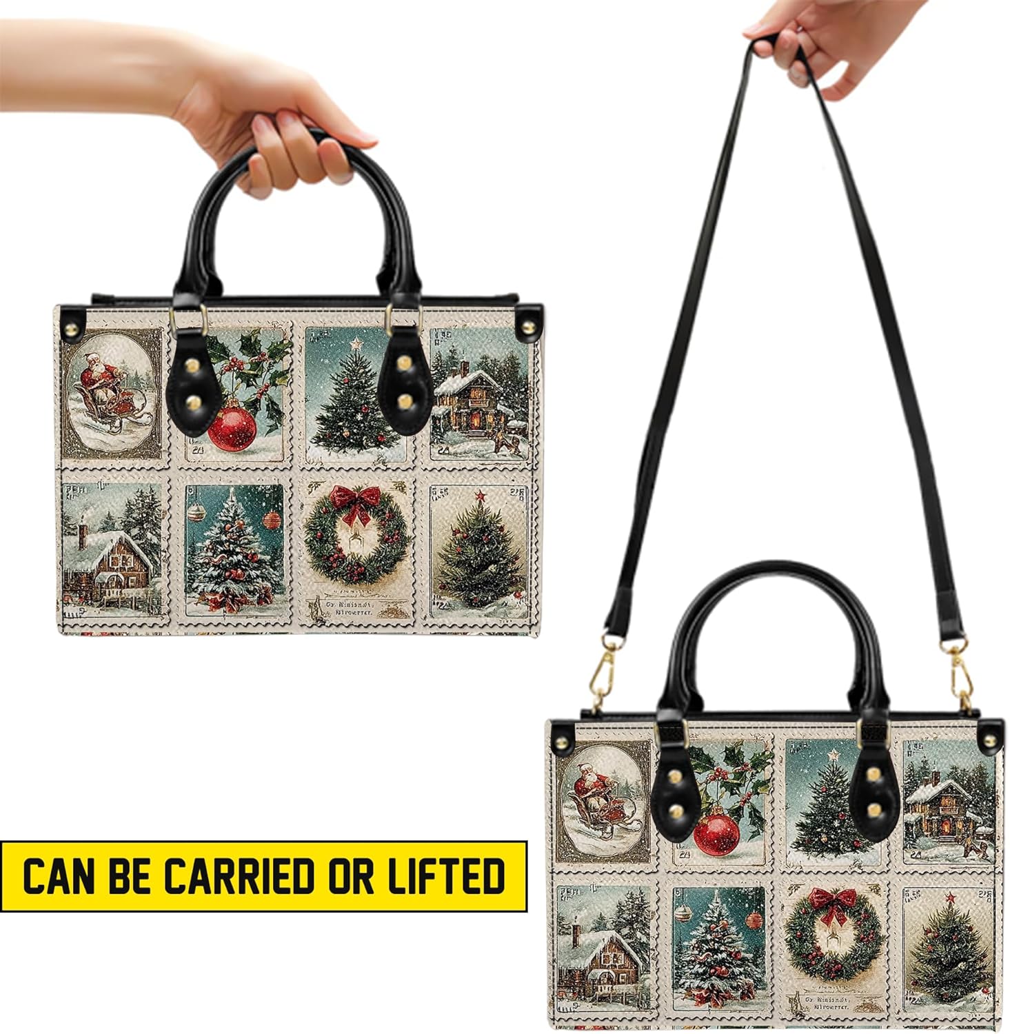 Personalized Vintage Christmas Leather Handbag, Classic Santa Purse Set, Festive Holiday Gift for Woman, Mom, Friend