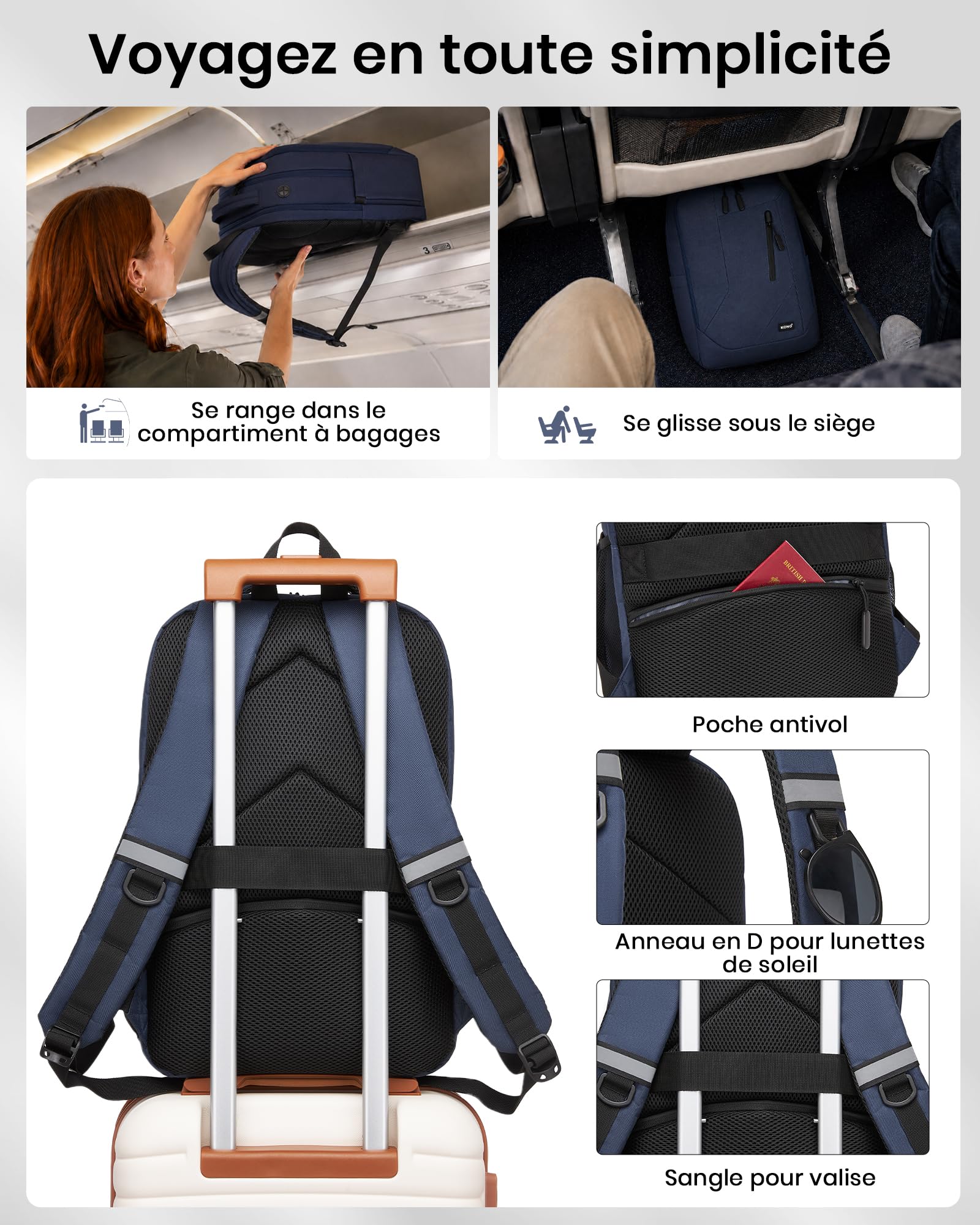 Kono Sac à Dos Ordinateur 15,6 Pouces PC Portable Homme Femme, Bleu Marine