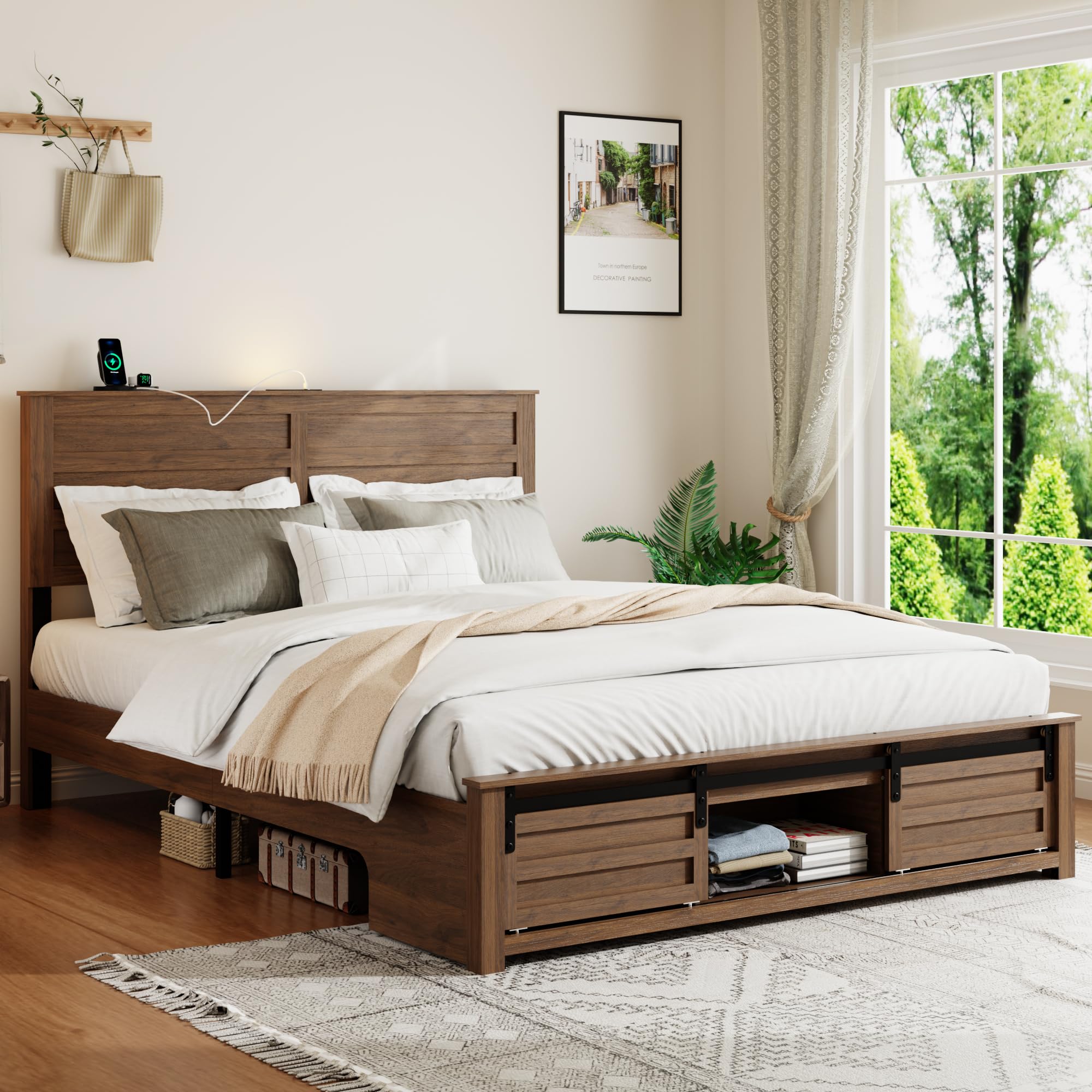 Photo 1 of **Untested**
SAMTRA Wooden Queen Size Bed Frame with Headboard, Brown Farmhouse Storage Bedframe with Sliding Barn Door Footboard and Charging Station, Wood Slats, No Box Spring Needed (Dark Brown