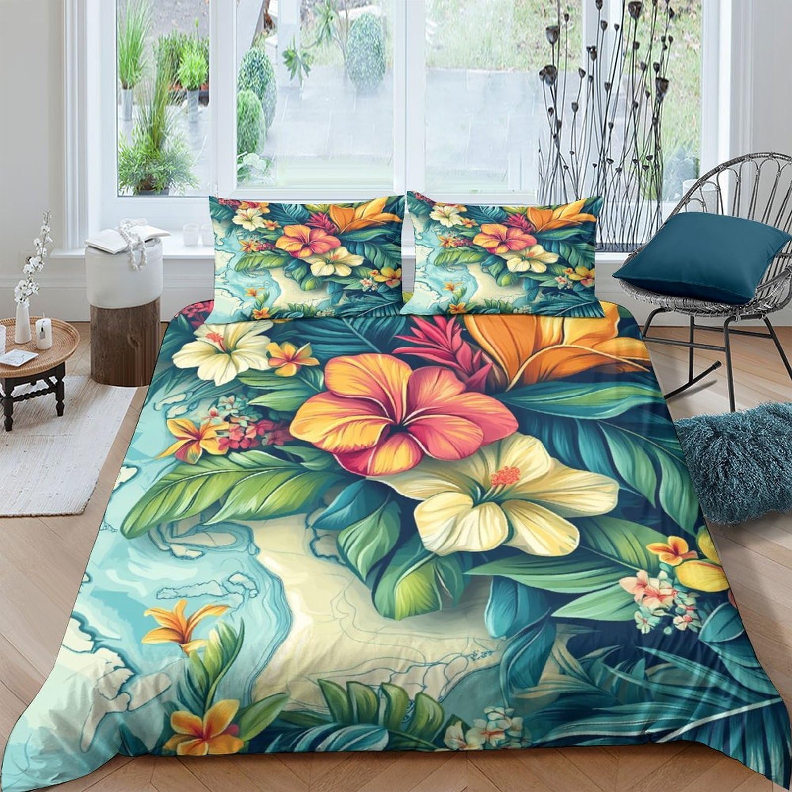 GPLZQXKJNH 3D Printed Tropical Floral Duvet Cover Microfiber Soft Breathable Jungle Leaves Bedding Set with 2 Pillowcases for Bedroom Decor Single（135x200cm）
