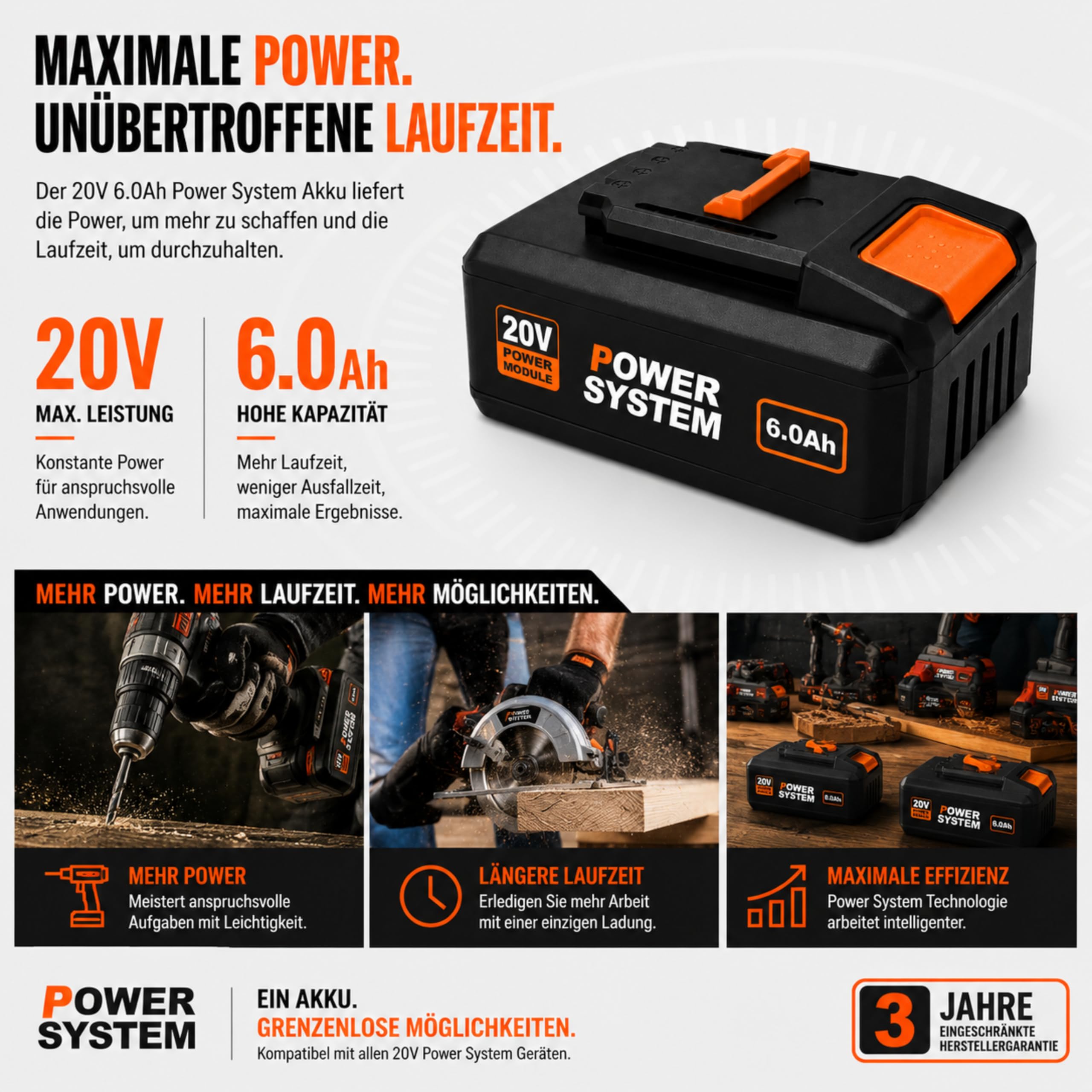 Batería de repuesto de 20 V 6,0 Ah compatible con sistema Worx PowerShare, batería de ion de litio con indicador LED, alto rendimiento y larga duración