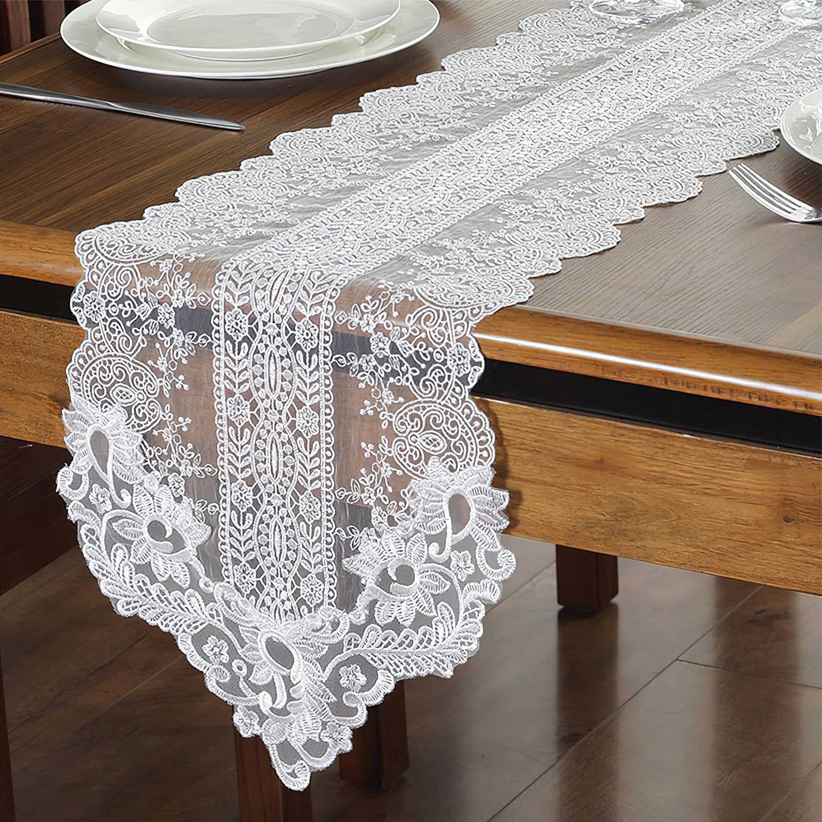 auons White Lace Table Runner Macrame Floral Embroidered Table Dresser Scarf Vintage Chic Elegant Table Runner for Home Wedding Party Banquet Table Decor, 12 x 72 Inch