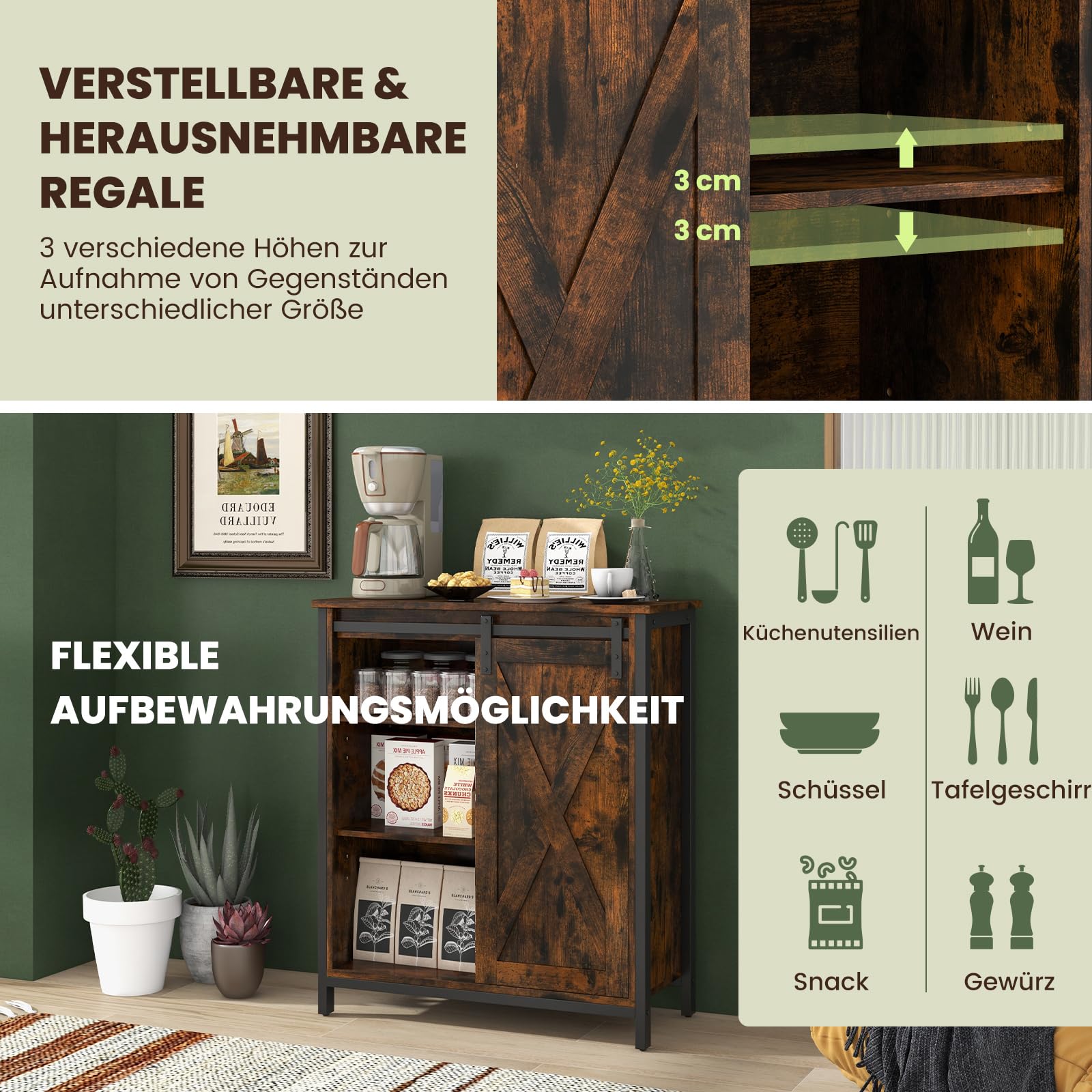 COSTWAY kredens, szafka kuchenna w stylu industrialnym z drzwiami przesuwnymi i 3-stopniowo regulowanymi półkami, komoda drewniana do kuchni, jadalni, salonu lub korytarza, 70 x 30 x 81 cm, brązowy