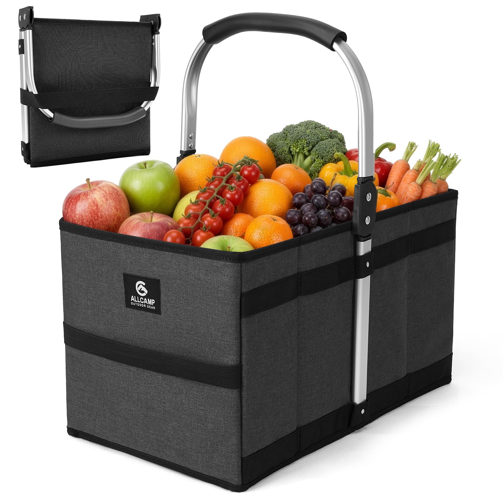 ALLCAMP 27L Einkaufskorb Faltbar | Verstärkter Boden & Alu-Griff | Stabil & Platzsparend für Kofferraum und Einkauf Schwarz (43,5 x 25 x 24,5 cm)