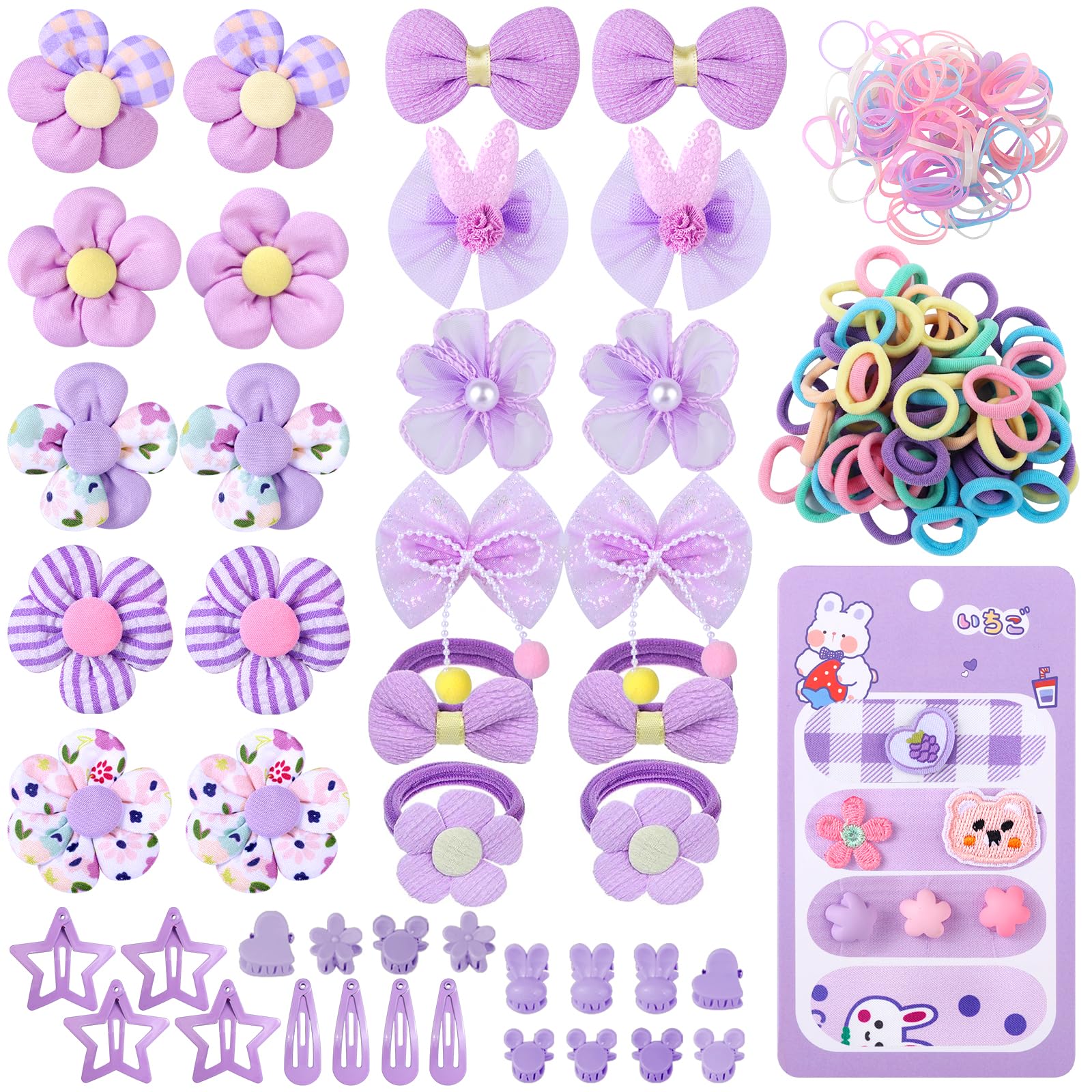 400 Pcs Baby Girls Hair Accessories Set,Baby Girls Hair Ties,Flower Bows Rubber Bands,Hair-friendly Hair Clip,Soft Elastic Hair Bands,Claw Clip(Purple