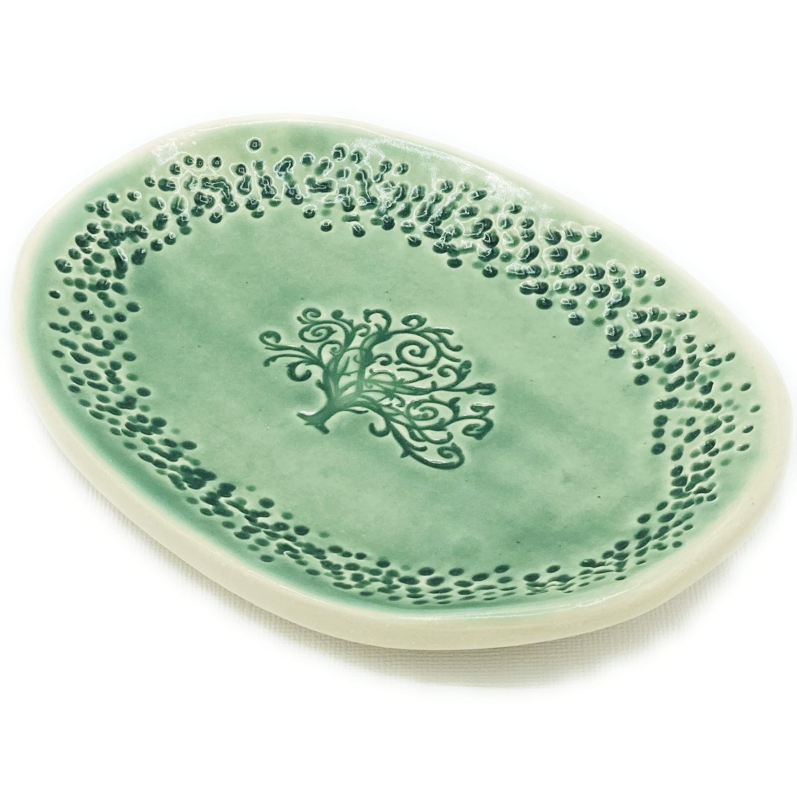 B JANECKA Green Tree of Life Oval Pottery Tray, 7 x 4.5 Inches, Pottery 9th Anniversary Gift, Handcr