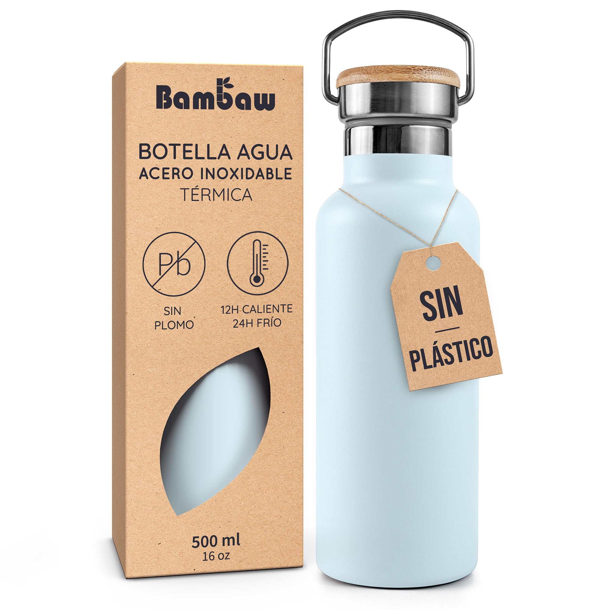 Bambaw Botella Agua Acero Inoxidable 500ml, Garrafa Reutilizable Isotérmica, Mantiene las Bebidas Frías 24h y Calientes…