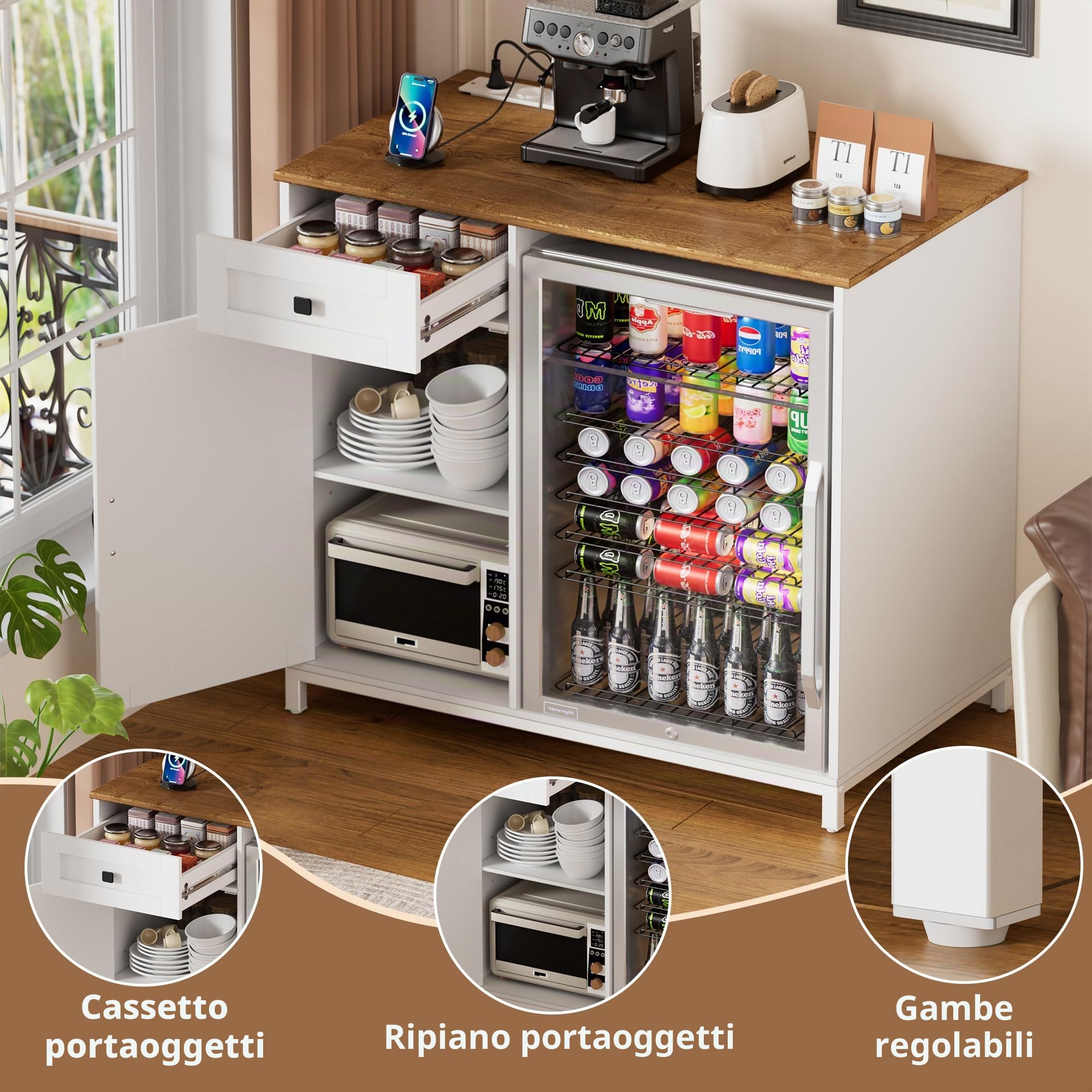 Credenza Cucina,Mobile Cucina con Presa di Corrente Porta USB,Mobiletto Portaoggetti per Mini Frigo,Buffet Moderno,Credenza Soggiorno con Cassetti e Armadi,Adatto per Hotel,Casa,Ufficio, 95x53.6x99cm