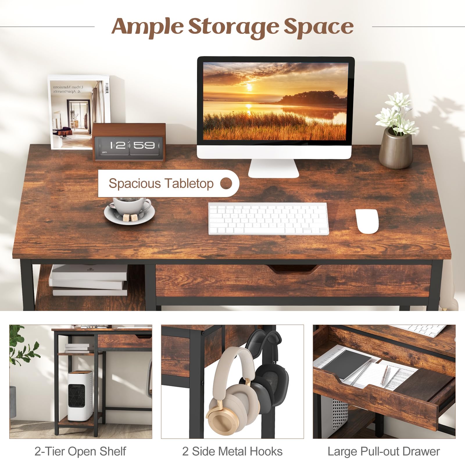 100 cm industrialne drewniane biurko z półką i słuchawkami Hoo stół do nauki do domowego biura rustykalny brązowy PC Laptop Wortat