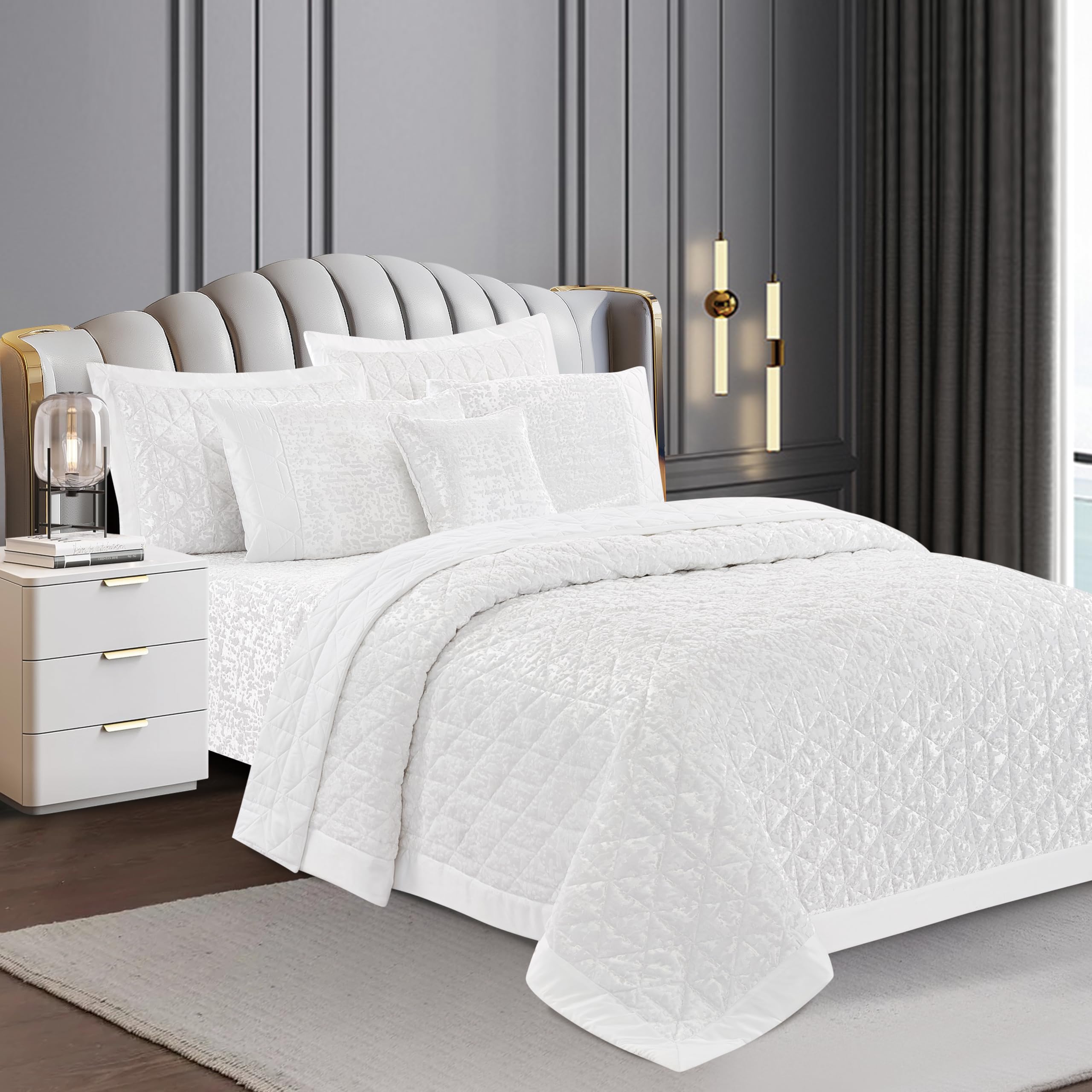 PRIME LINENS Luxury 3 Piece Quilted Plush Velvet Bedspread Bedding Set Ultra Soft Crushed Velvet Bedspread Comforter Bed Throw with 2 Pillow Cases (White, Super King)