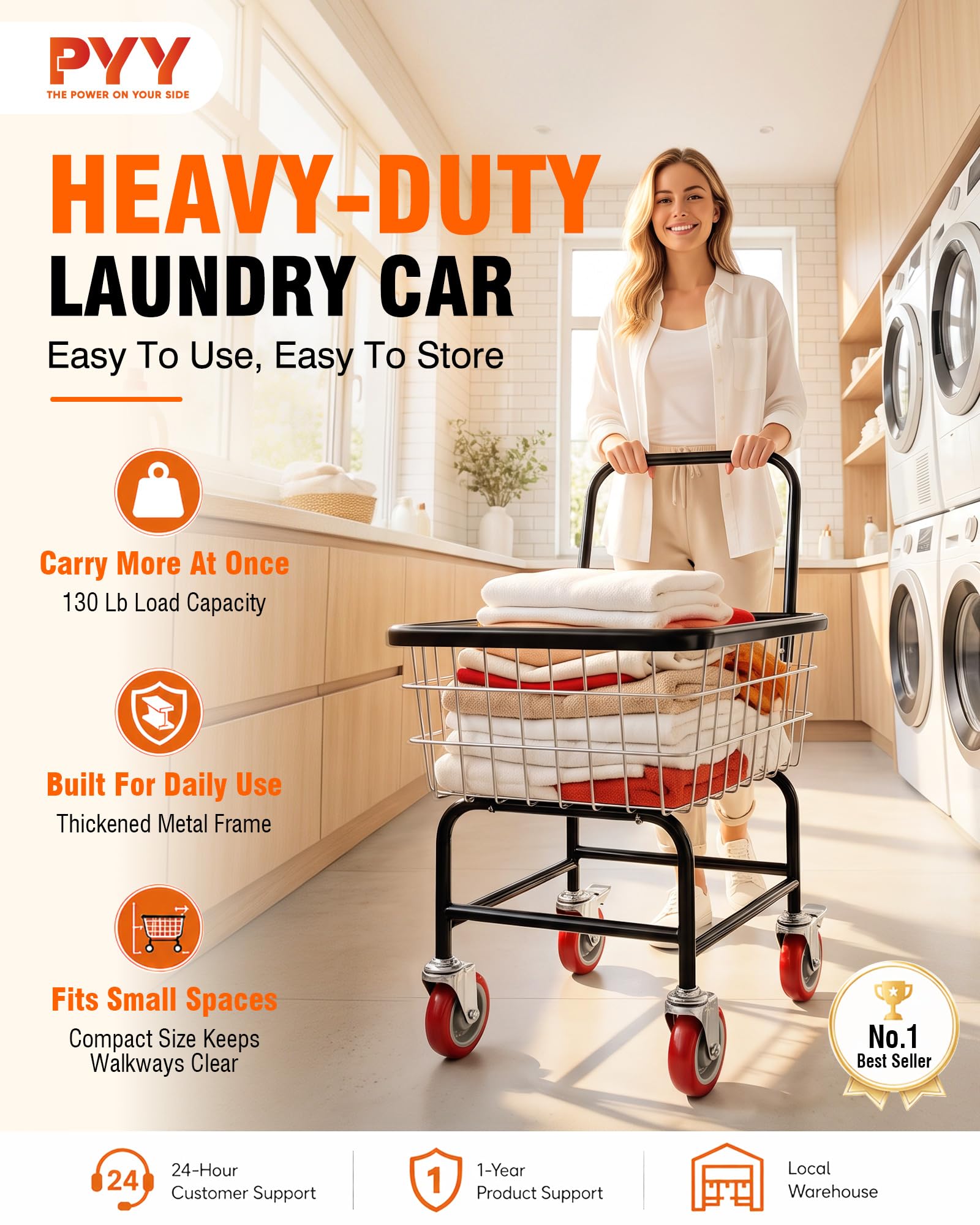 PYY Wire Laundry Cart - Heavy Duty & Wheels -3