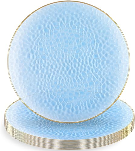 Miniatura 5 de Blue Sky Platos redondos de plástico verde martillado orgánico con borde dorado, 9 pulgadas (10 unidades)  Elegante vajilla desechable para fiestas