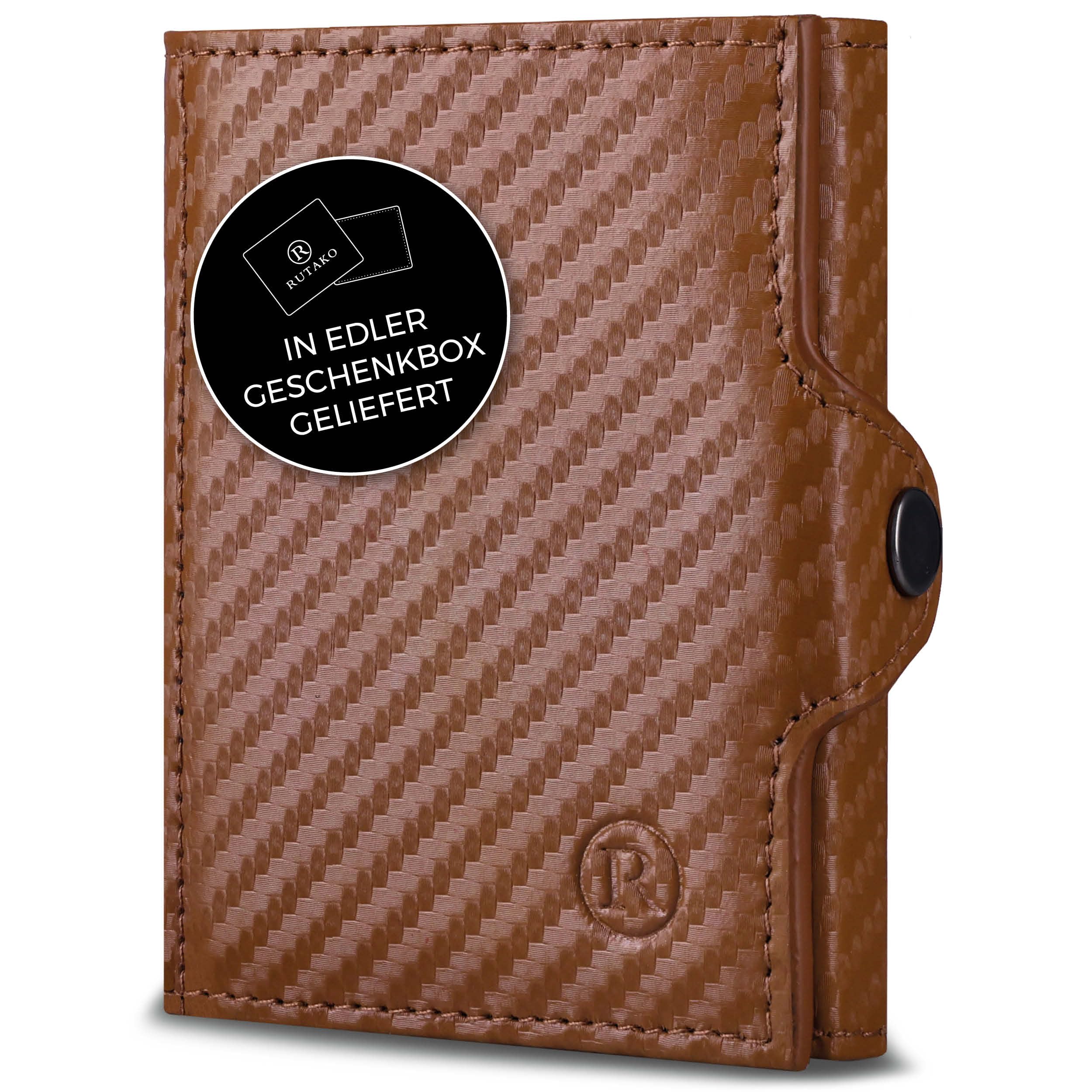 RUTAKO Slim Wallet mit RFID-Schutz - Kartenetui Herren & Damen - Kreditkartenetui klein - Mini Geldbörse - Portmonee Portemonnaie klein - Geldbeutel Carbon-Cognac