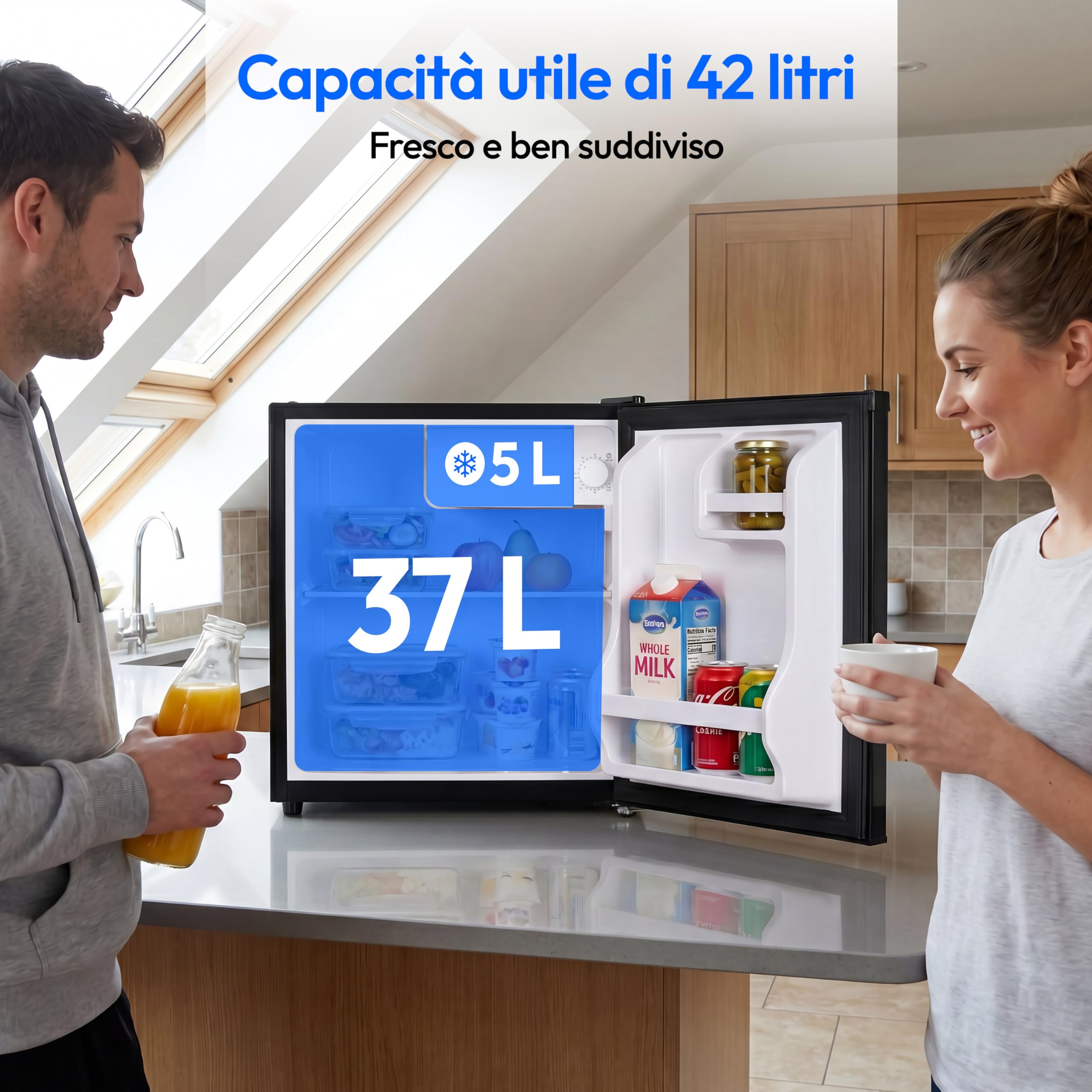 MEDION Mini frigorifero con serratura e vano freezer 42 L, silenzioso piccolo frigorifero per ufficio hotel minibar campeggio gaming, bevande alimenti ghiaccio, porta reversibile, MD 370001 nero