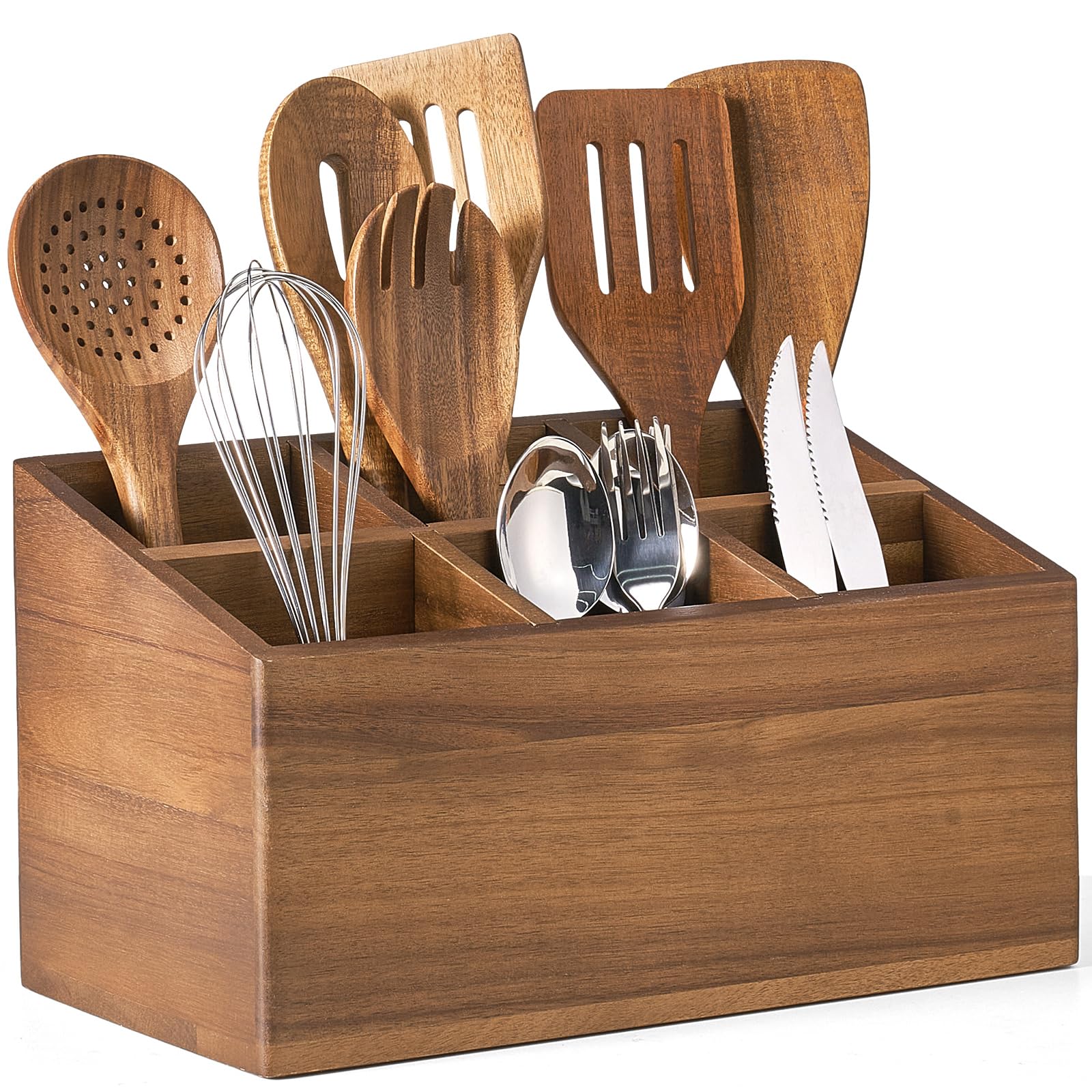 Photo 1 of ONEARF Wooden Utensil Holder Counter, Kitchen Utensil Organizer Large 6 Compartment Cooking Utensils Holder, Acacia Rustic Wood Farmhouse Storage Container Crocks for Silverware and Cooker Set