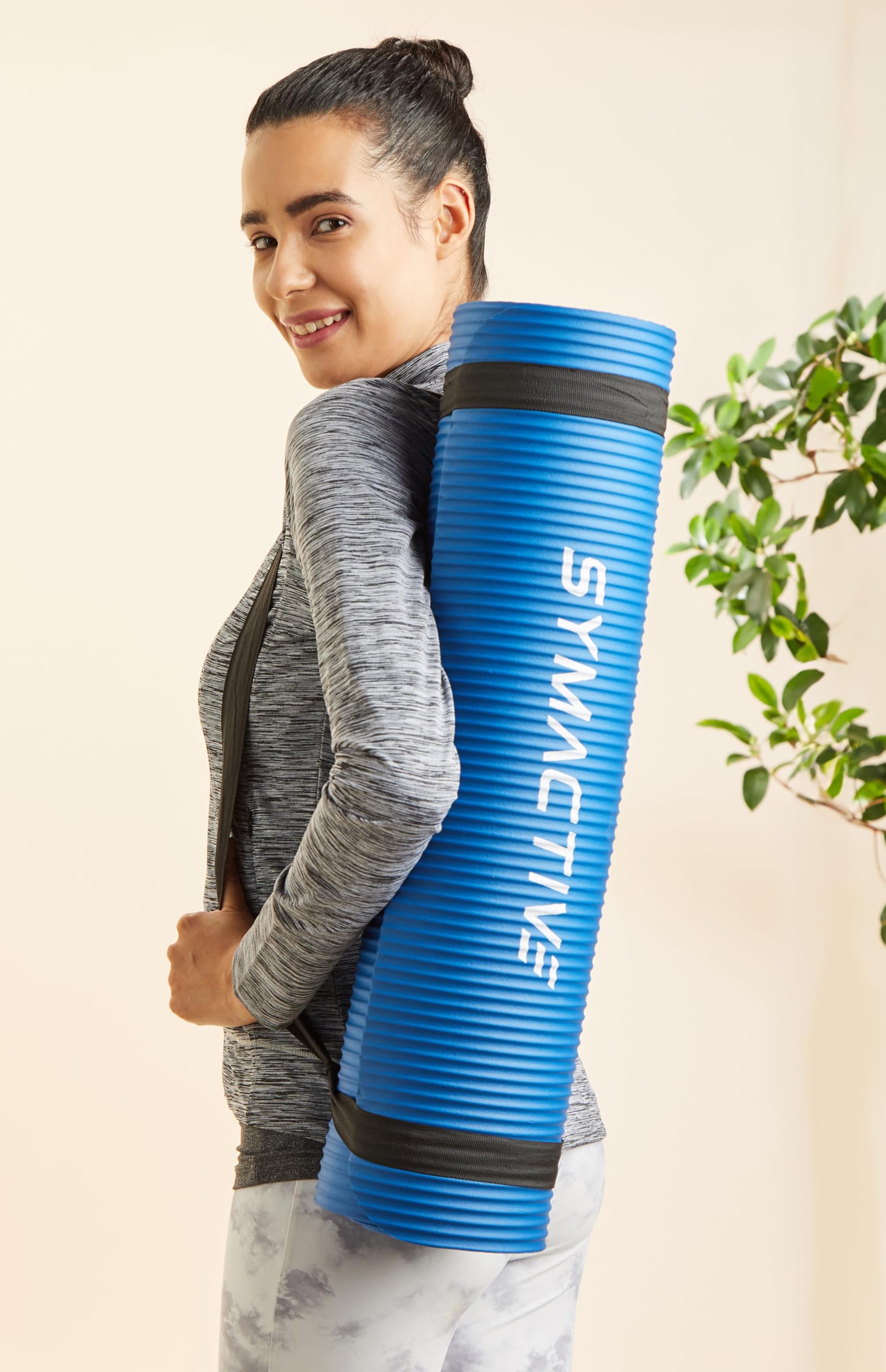 Amazon Brand - Symactive 10mm Extra Thick NBR Yoga Mat with Carrying Strap, Yoga Mat for Women & Men for Workout, Yoga and Fitness (Blue) 2