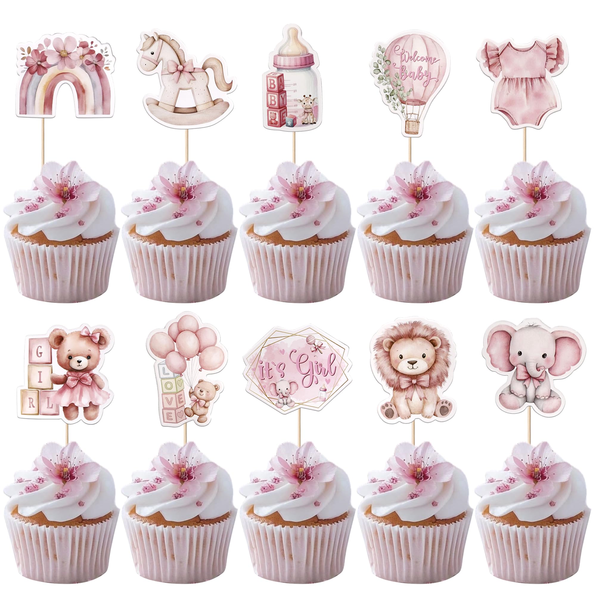 SYKYCTCY 40 Pack Baby Shower Cupcake Toppers with Baby Costume Moon Star Rainbow Balloon Lion Cupcake Picks It's a Girl Cake Decorations for Welcome Baby Theme Baby Girls Bithday Party Supplies