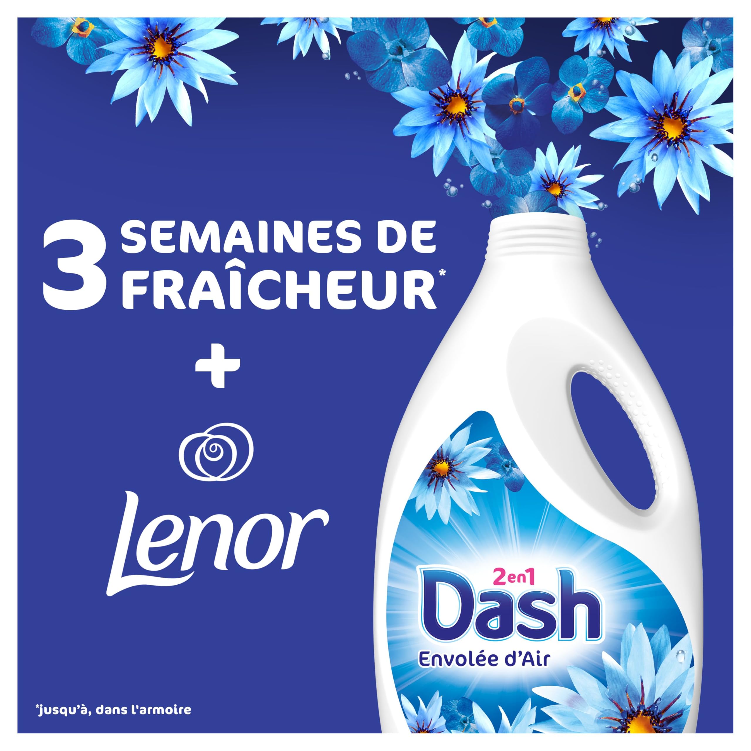 Dash 2en1 Lessive Liquide, 100 Lavages (4 x 25 Lavages), Envolée d’Air, avec 3 SEMAINES DE FRAÎCHEUR* et Lenor, Fabriquée En France, Dash 2in1