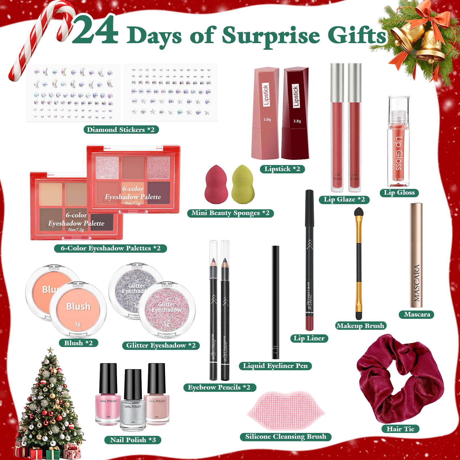 Calendario Adviento Maquillaje, Calendario de Adviento 2025 de 24 Días para Navidad con Labiales, Paletas de Sombras, Regalo de Cuenta Regresiva para Mujeres Niñas