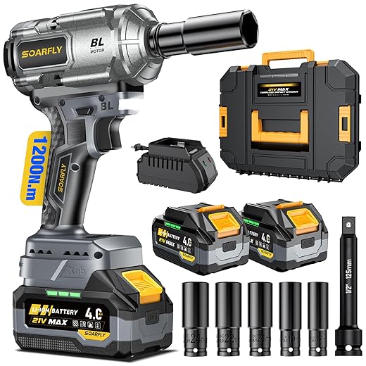 Upgraded Cordless Impact Wrench 1/2", 900 Ft-lbs (1200 Nm) Brushless Impact Gun, 21V High Torque Impact Driver with 2x 4.0Ah Batteries, Variable Speed for Car, Truck, Workshop, Heavy-Duty Jobs