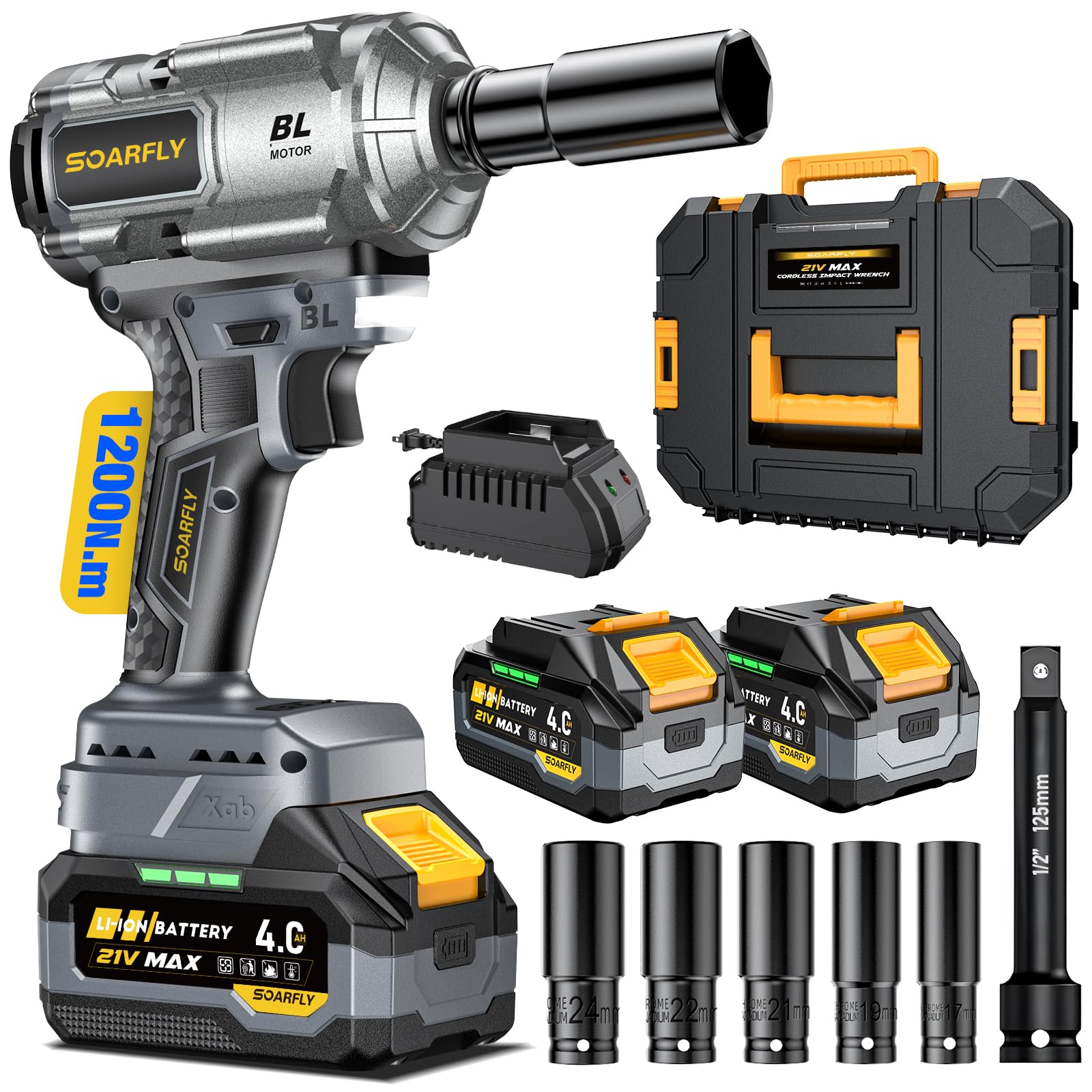 SOARFLY Upgraded Cordless Impact Wrench 1/2", 900 Ft-lbs (1200 Nm) Brushless Impact Gun, 21V High Torque Impact Driver with 2x 4.0Ah Batteries, Variable Speed for Car, Truck, Workshop, Heavy-Duty Jobs