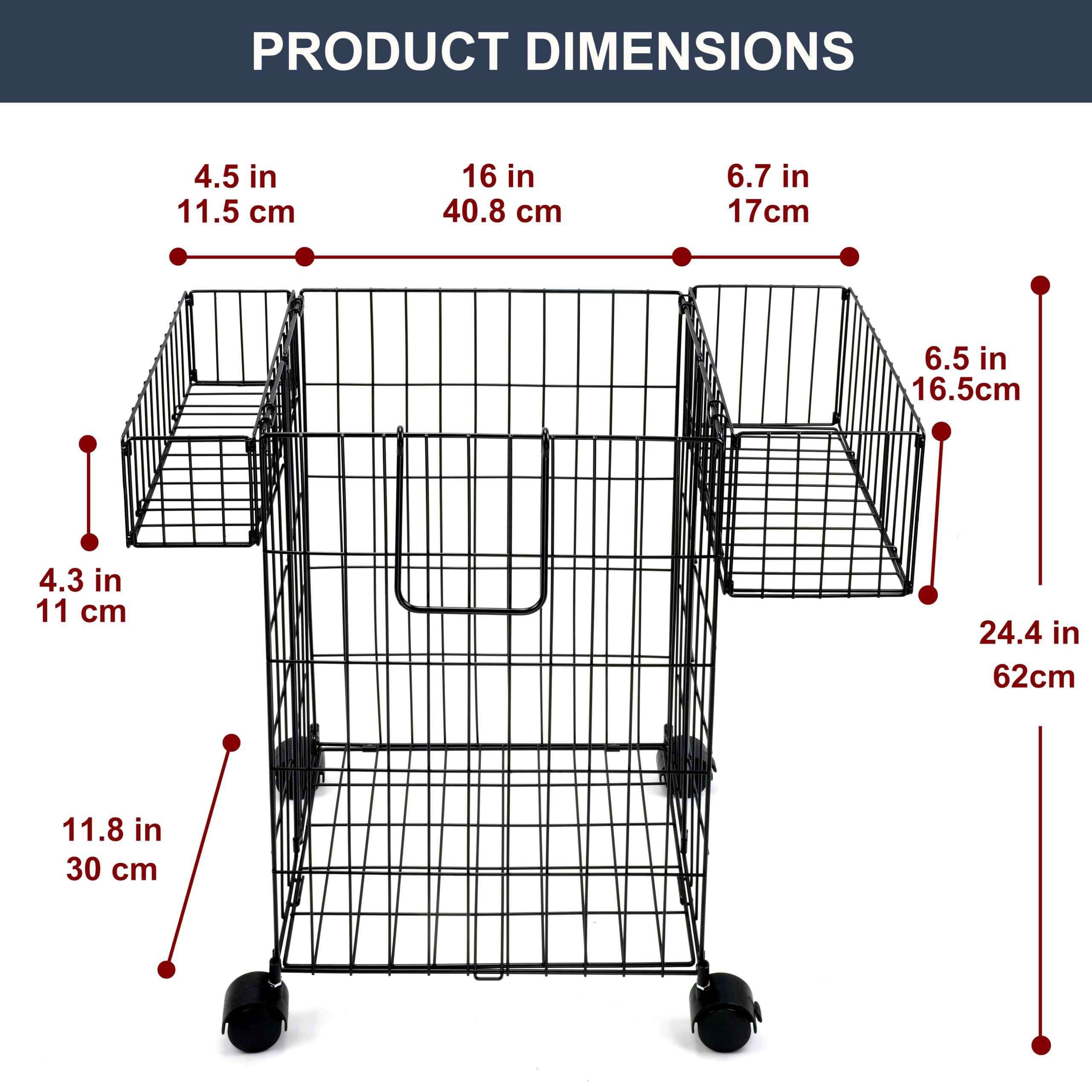 Rollbarer Wäschekorb mit Rollen, 63,5 cm hoch, 160 l Fassungsvermögen, Drahtgestell, mit feststellbaren Schwenkrädern und beweglichem Griff (Schwarz)