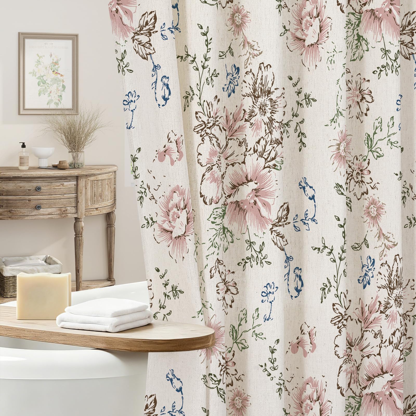 Craidlela Farmhouse Floral Shower Curtain, Small Spring Linen Shower Curtains, Vintage Cottagecore Shower Curtain for Bathroom, Tan Taupe, 36x72