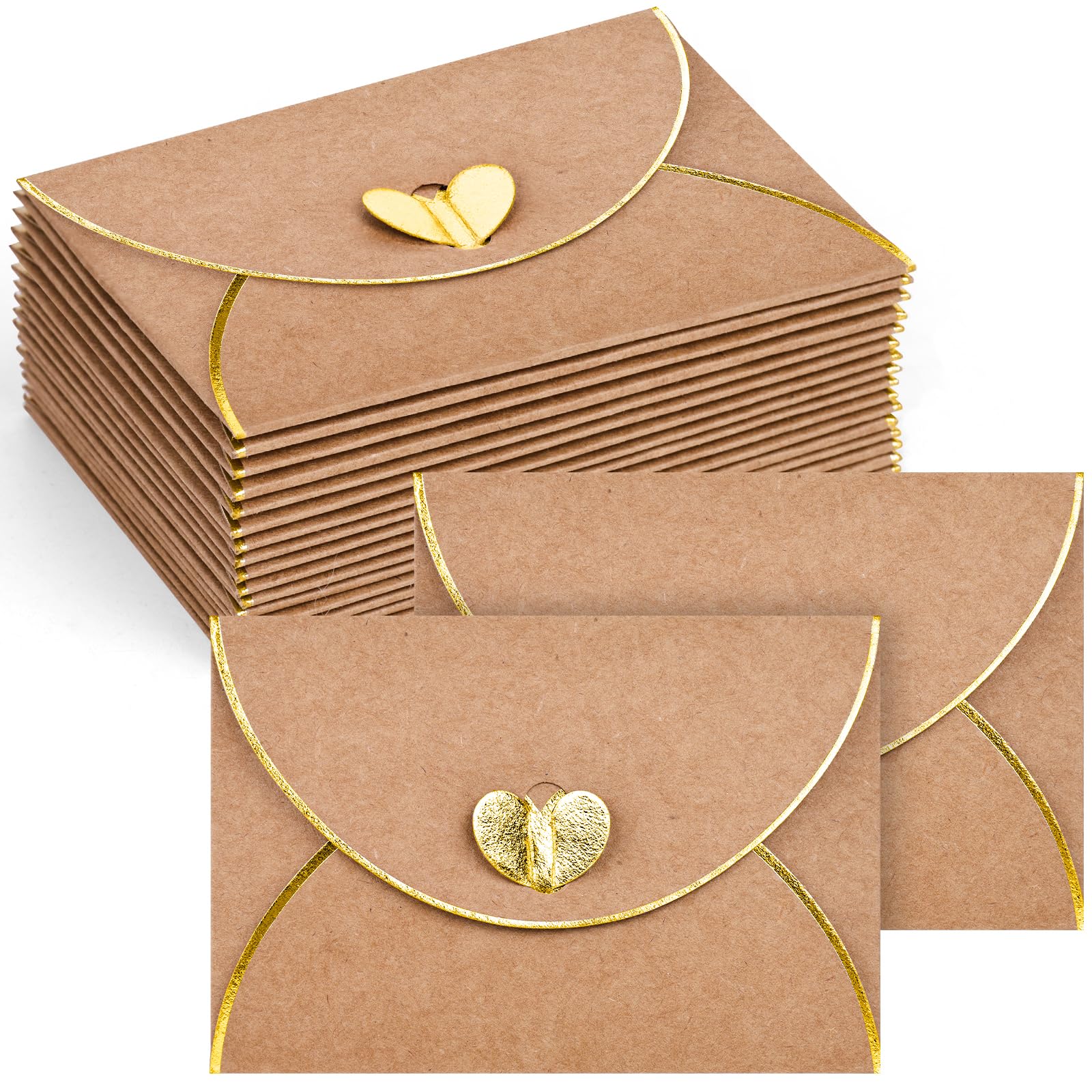 JOHOUSE 50PCS Mini Gift Card Envelopes, 4 x 3 Inch Brown Gift Card Holders with Gold Border & Heart Clasp, for Valentine's Day Gifts, Thank You Cards, Wedding, Birthday, Business Cards