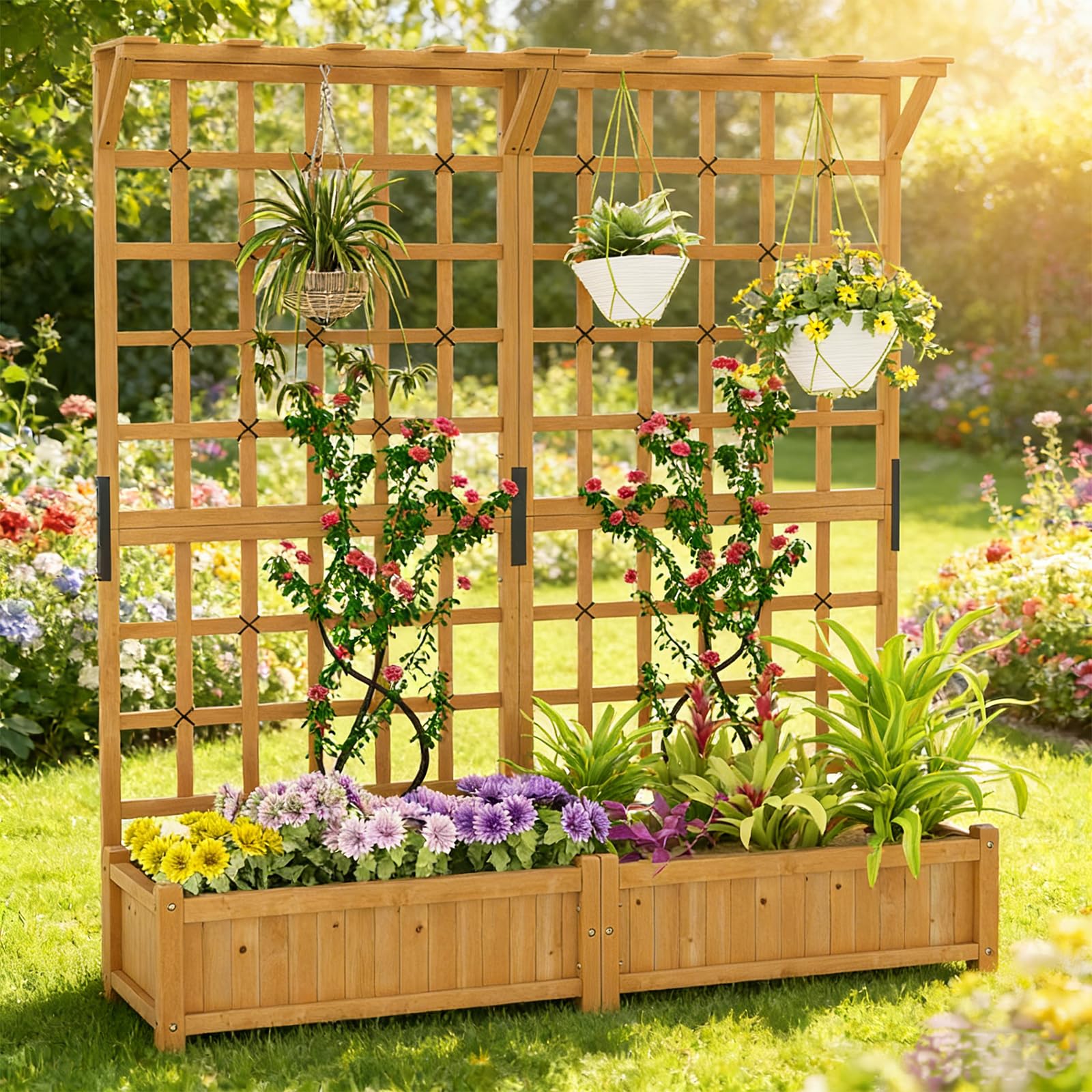 HOMASIS Fioriera con Spalliera da Esterno in Legno, 3 in 1 Fioriera con Vaso, Traliccio per Rampicanti e Tettuccio, Letto per Orto Rialzato con Fori di Drenaggio, 180 x 48 x 183 cm (Naturale)