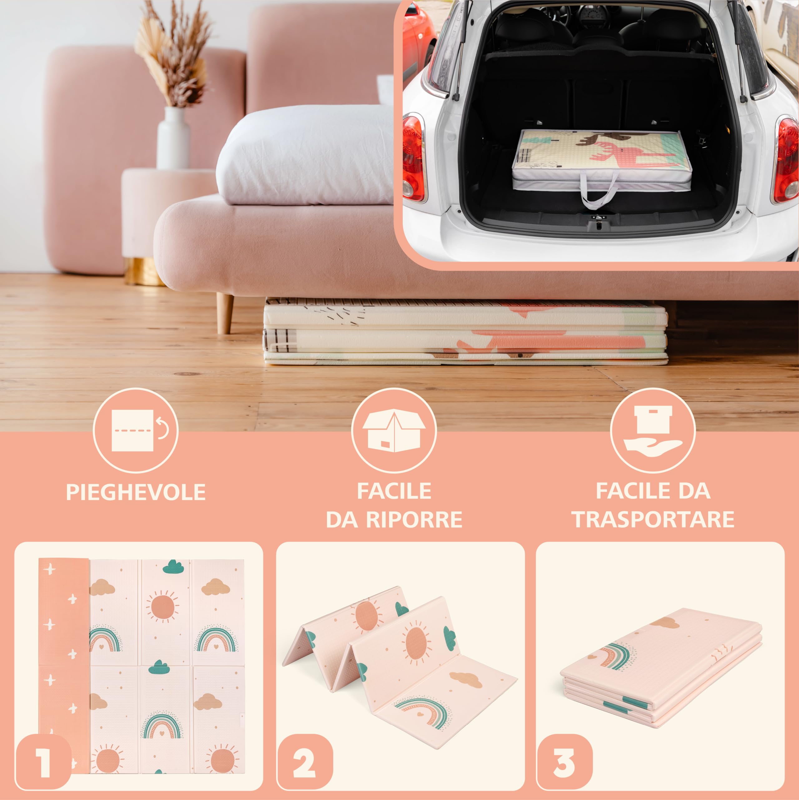Tappeto Gioco Bambini Pieghevole Sweety Fox - Tappeto Gioco Neonato 150x180x1cm - Tappeto Bambini Reversibile, Impermeabile per Sviluppo Sensoriale in Schiuma - Tappeto Neonato - Arcobaleno