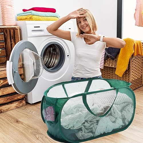 Miniatura 2 de Cesto de malla desplegable para lavandería, cestas plegables duraderas con bolsillos laterales, cesta de almacenamiento de ropa plegable con asas de