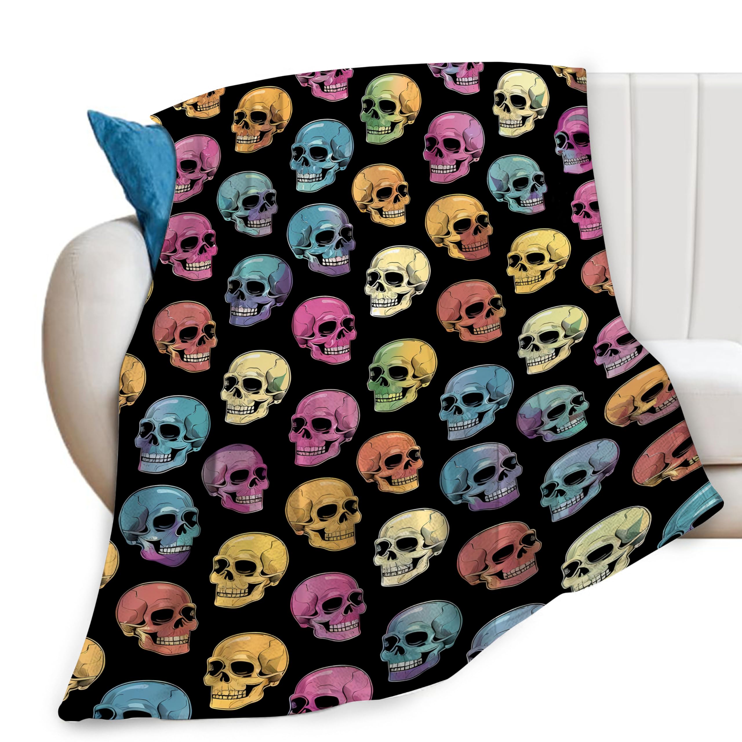 Feorafei Men's Colorful Skull Skeleton Print Blanket Aesthetic Trippy Halloween Goth Gothic Throw Blankets Gifts For Couch Sofa Bed Stuff Decor Soft Cozy Fleece Plush Warm Flannel Bedding For Lover Wo 60"X80"