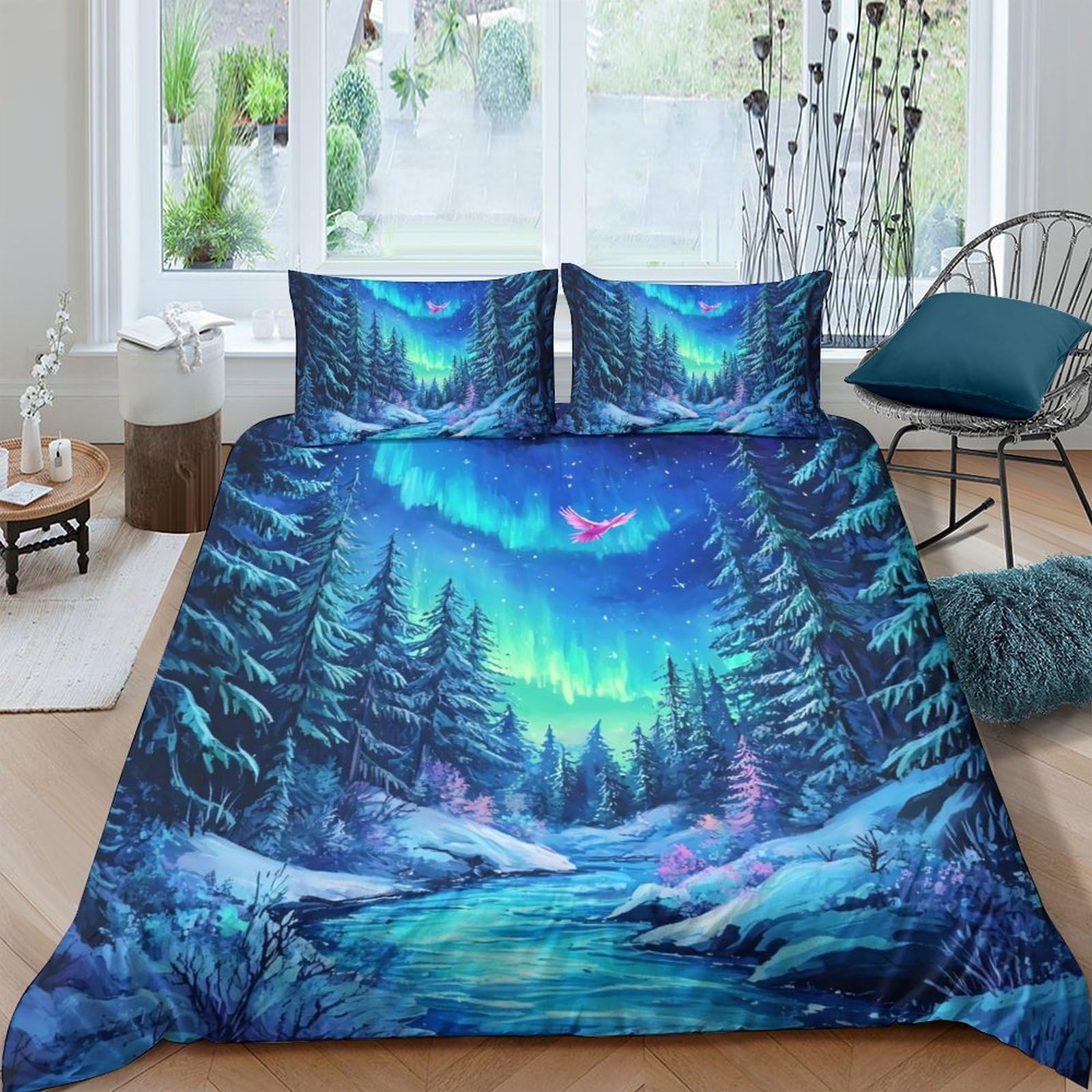 Ctjqhvkz Style-5 3D Printed Northern Lights Forest Fitted Sheet Microfiber Soft Anti-Slip Bed Cover For Bedroom Guest Room Decor Single（135X200cm）