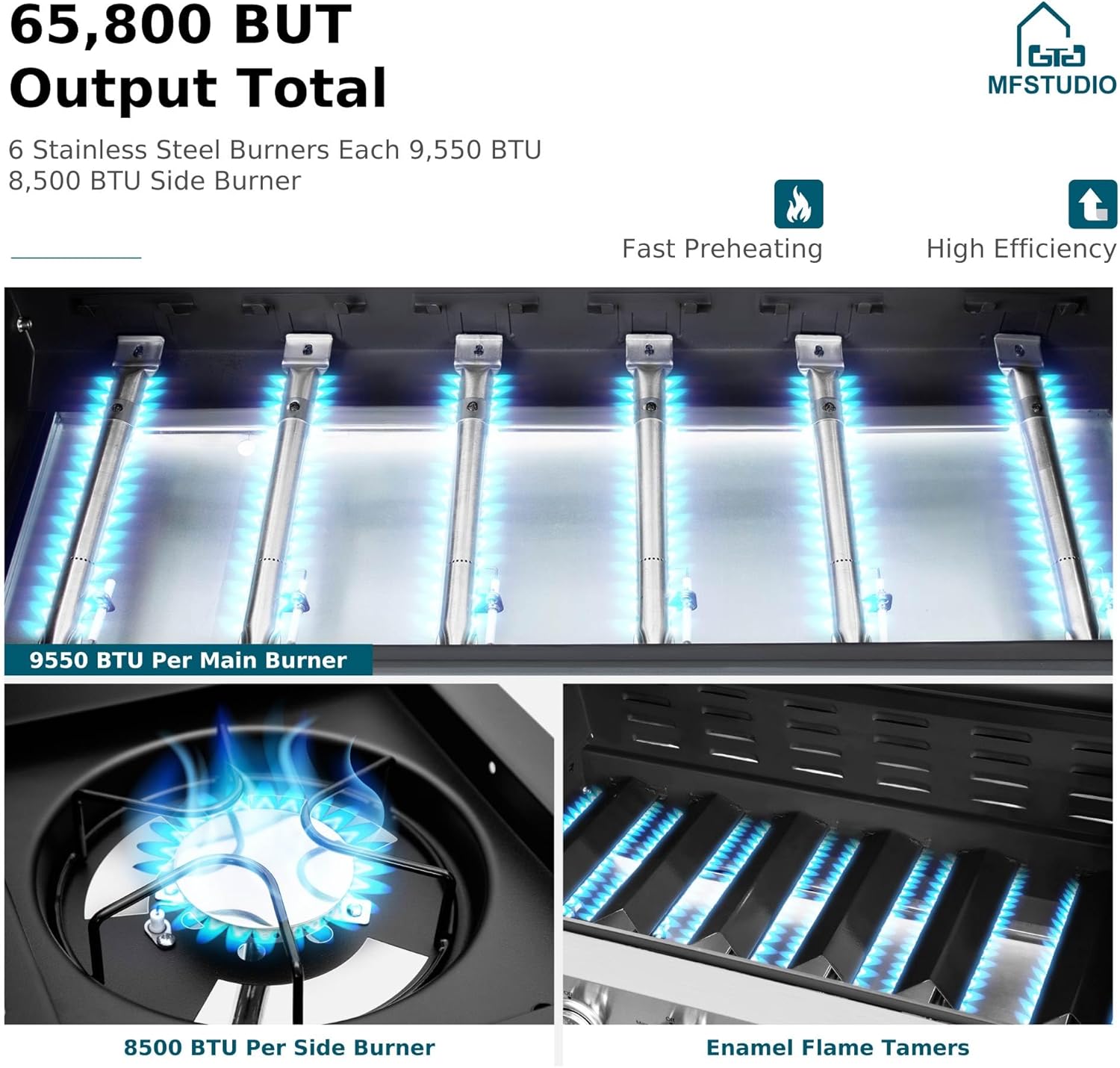 MFSTUDIO 6-Burner Propane Gas Grill, Stainless Steel BBQ Grill with Side Burner and Porcelain-Enameled Cast Iron Grates, High Output Gas BBQ Grills for Barbeque and Outdoor Cooking