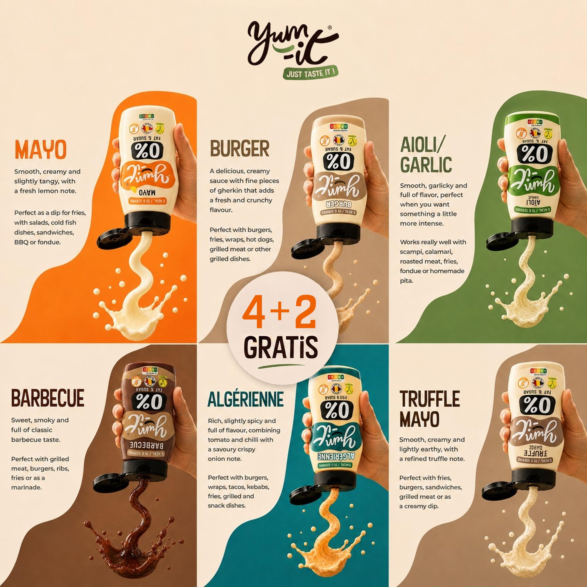 Yum it, lot de 6 sauces: Mayo, Burger, Aïoli, Barbecue, Algérienne et Mayo Truffe, 6 x 300g, 0% de matières grasses, 0g de Sucre, cétogène, végétaliennes, sans gluten, halal et fabriquées en Belgique