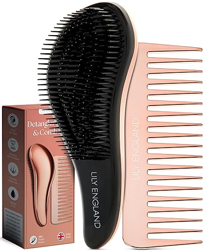 Lily England Detangling Comb & Hair Brush Set - Wide Tooth Comb for Curly, Straight, Thick, Fine & Wet Hair - Gentle & Pain-Free Detangler for Women & Kids - Lightweight Haircare Tools, Rose-Gold - Metallic/Rose Gold - 2 Pack