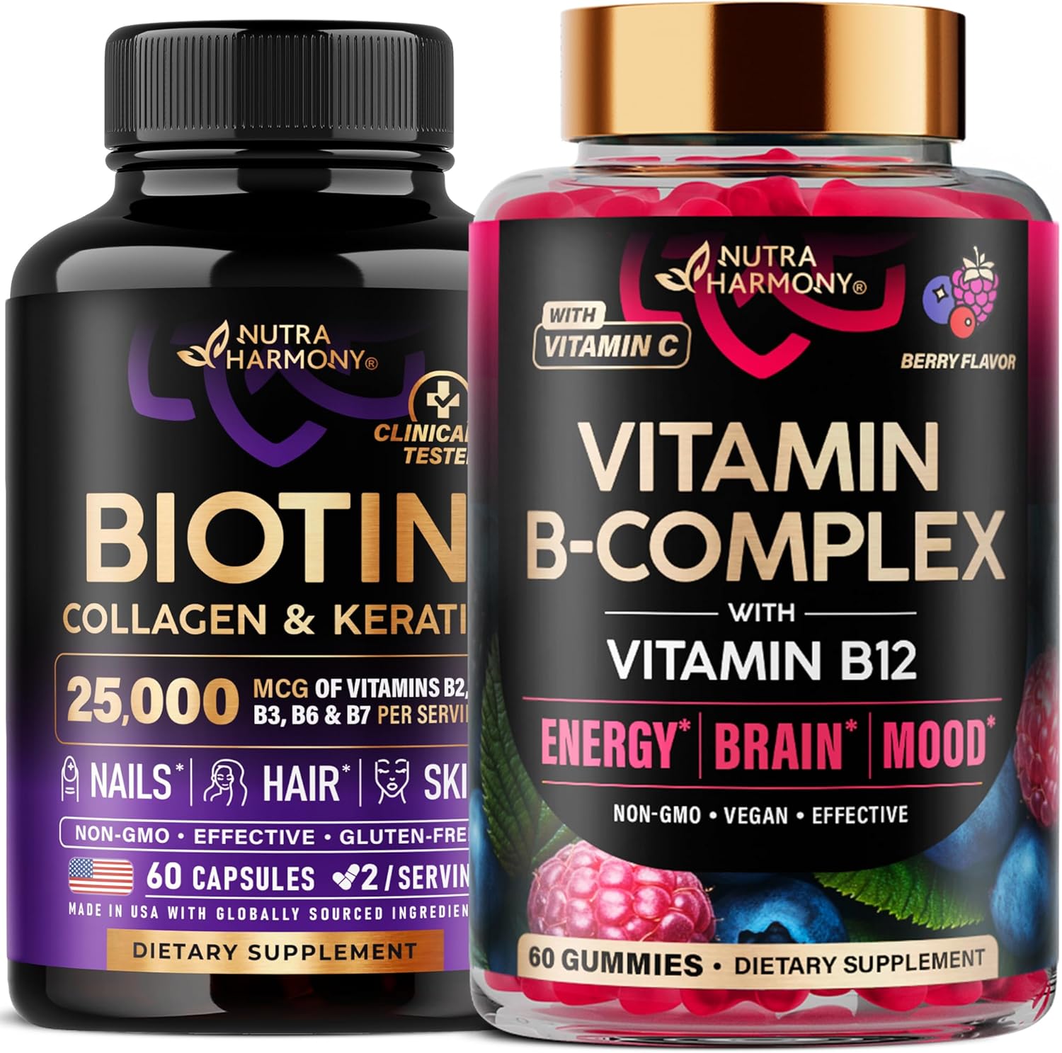 NUTRAHARMONY Biotin, Collagen, Keratin Capsules & Vitamin B-Complex Gummies