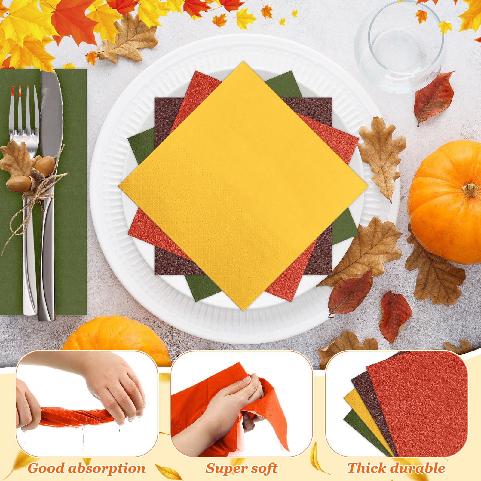 120 servilletas de papel de Acción de Gracias y otoño, servilletas de color naranja y amarillo, desechables para cosecha de otoño, suministros de fiesta, servilletas de cena de Navidad