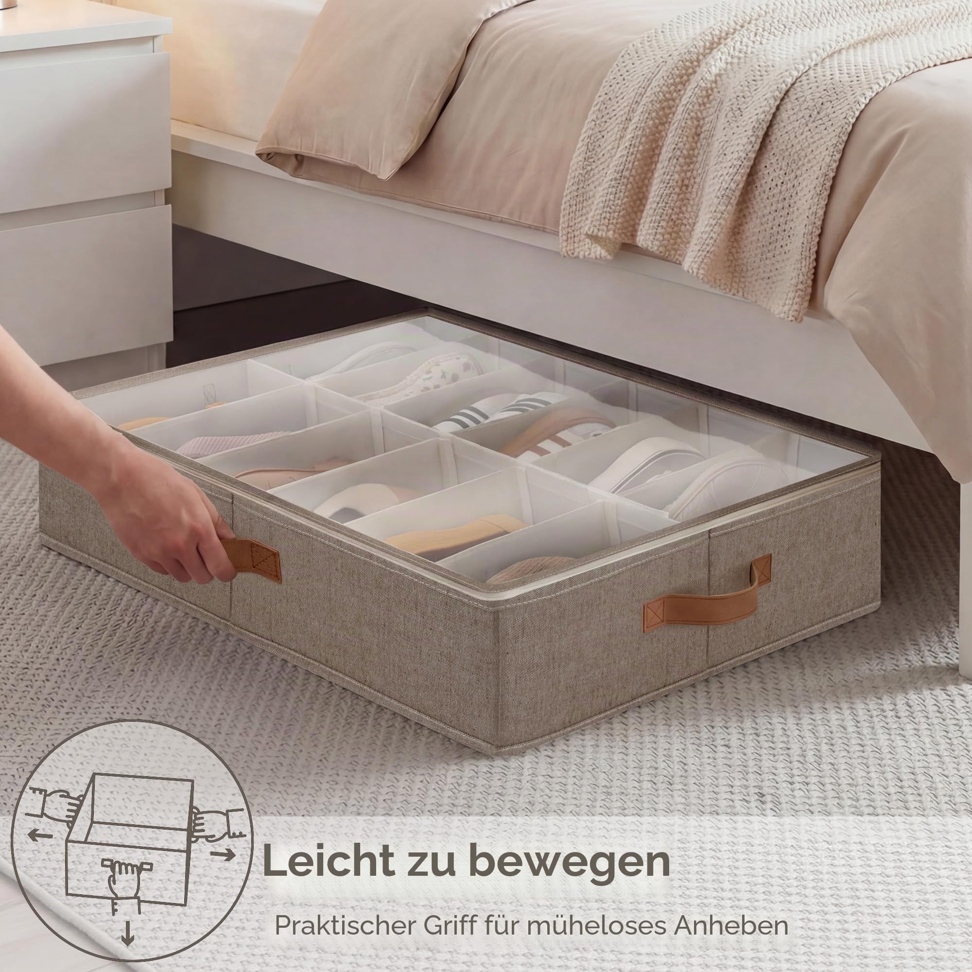 StorageWorks Schuhaufbewahrung Unterbett, große Bettkasten Aufbewahrung mit transparentem Deckel, für bis zu 24 Paar, faltbare Unterbettkommode für Kleidung, Stoff Unterbettbox, braun, 2 Stück