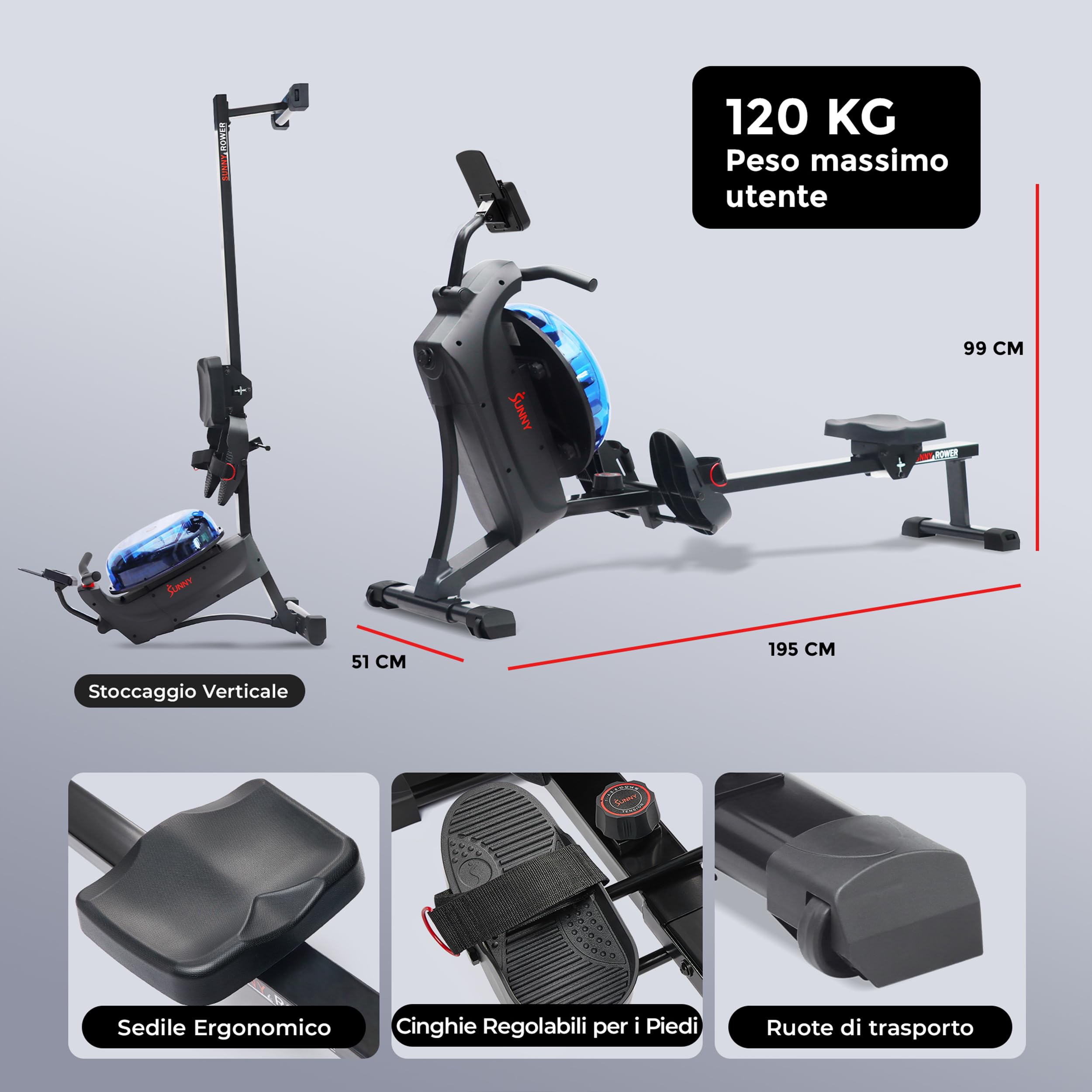 Sunny Health & Fitness Vogatore Smart ad Acqua e Magnetico Total Body | App SunnyFit, Hydro + Resistenza Magnetica a 16 Livelli, Lunghezza del Binario di Scorrimento 124 cm, Portata 120 kg